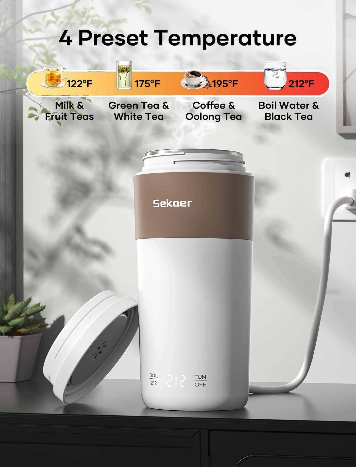 Sekaer Travel Portable Kettle, Dual Voltage 110-240V, Mini Electric Kettle for Tea Coffee, 304 Stainless Steel Small Hot Water Boiler, 350mL Auto Shut-Off & 4 Temp Presets, SKE-835-B