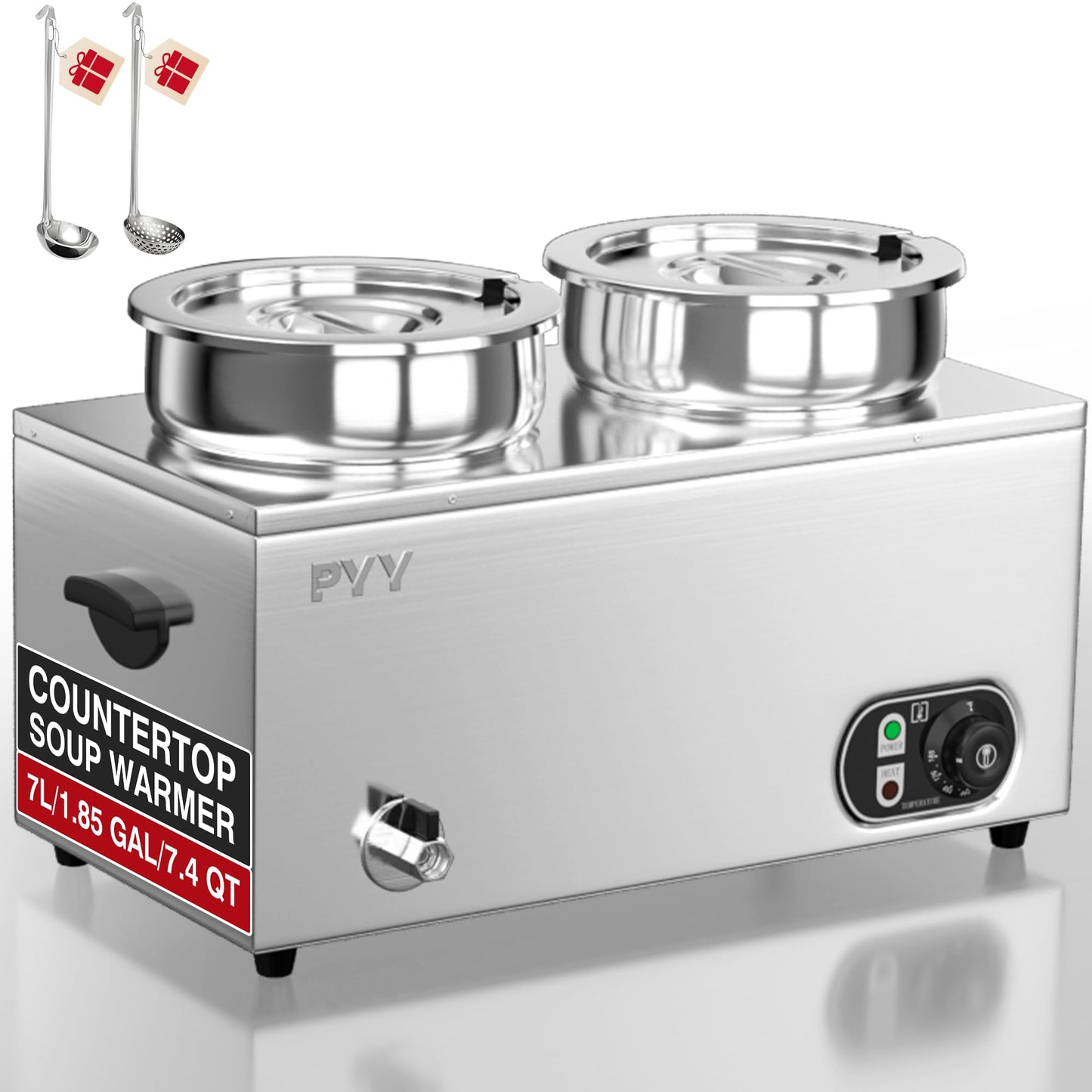 PYY Soup Warmer Commercial - 2x7.4QT Stainless Steel Bain Marie Round Pot 86~185°F Adjustable Temp, Electric Soup Warmer Countertop with Anti-Dry Burn and Reset Button for Restaurant, Buffet 1500W