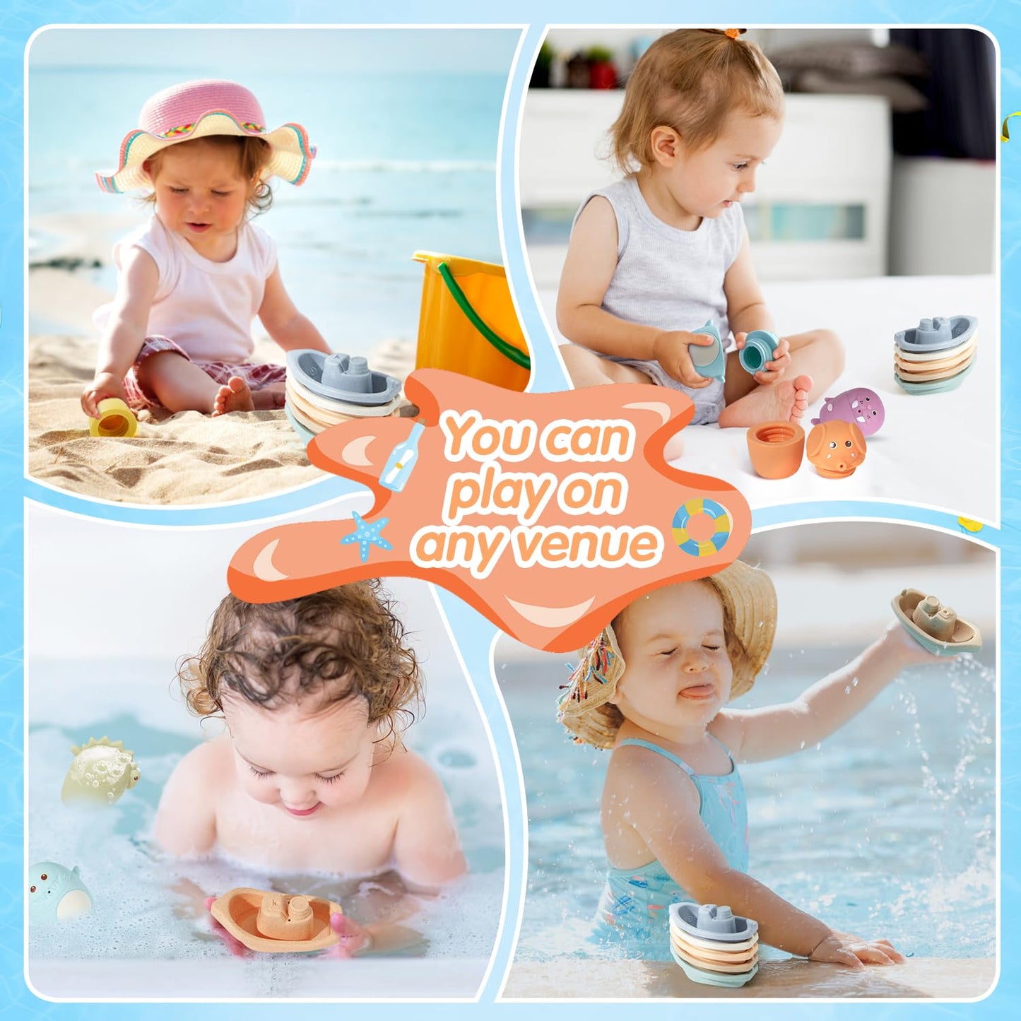 AMCHSURI Baby Bath Toys | 11PCS Mold-Free Stacking Boats & Animal Squirters | Sensory Bathtub Toys for Babies 6-12M & Toddlers 1-3Y | Water Table Pool Toys Educational Gift