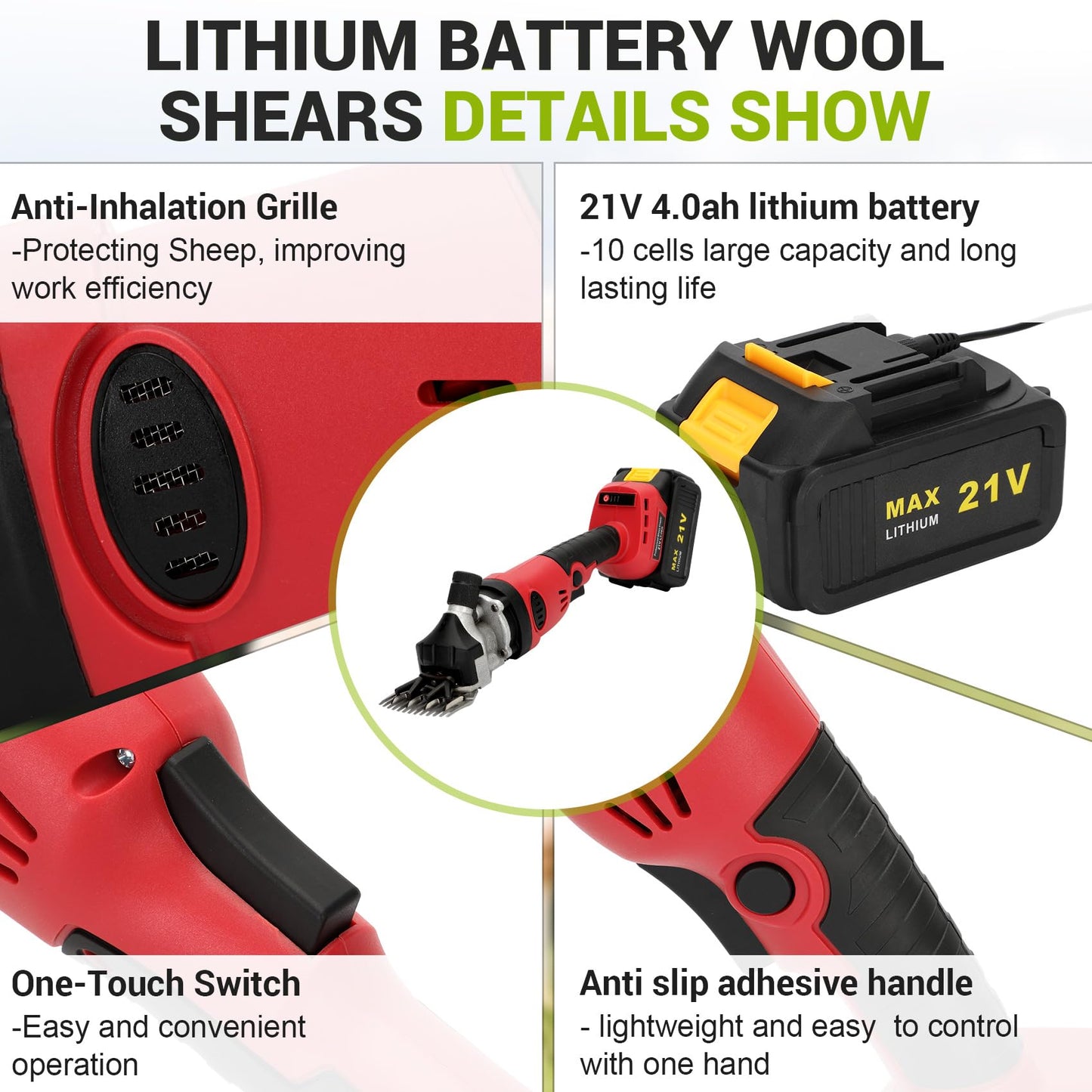 Mokemok Cordless Electric Sheep Shears - 3000mAh Brushless Motor 2000RPM, 6-Speed Adjustable Clippers for Goats, Heavy Duty Rechargeable Grooming Tool with High Hardness Blade & Safety Pressing Claw