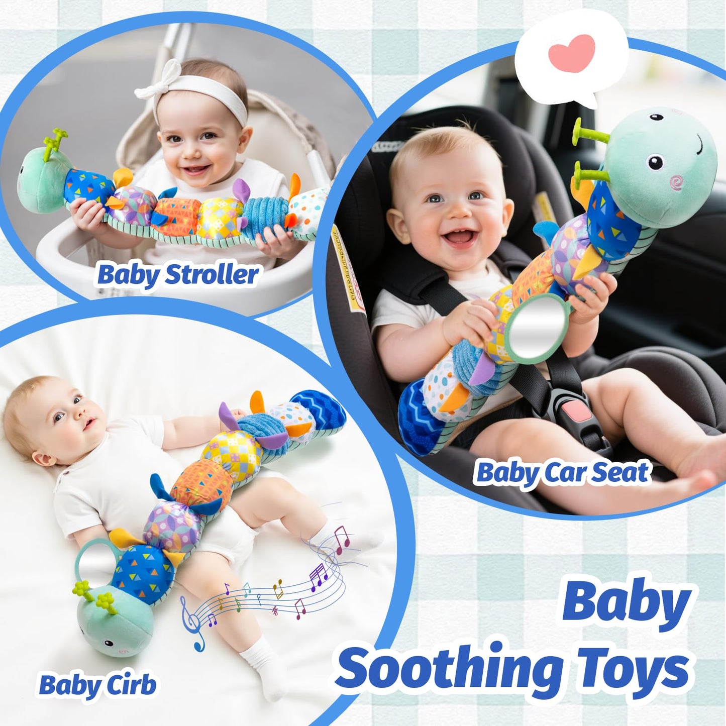 Baby Toys 0-6 Month, Musical Caterpillar Rattle, Infants Sensory Toy with Mirror Crinkle Textures, Newborn Developmental Tummy Time Stuffed Plush Animal toys for Babies Boys Girls 3-6-12 Months (Blue)