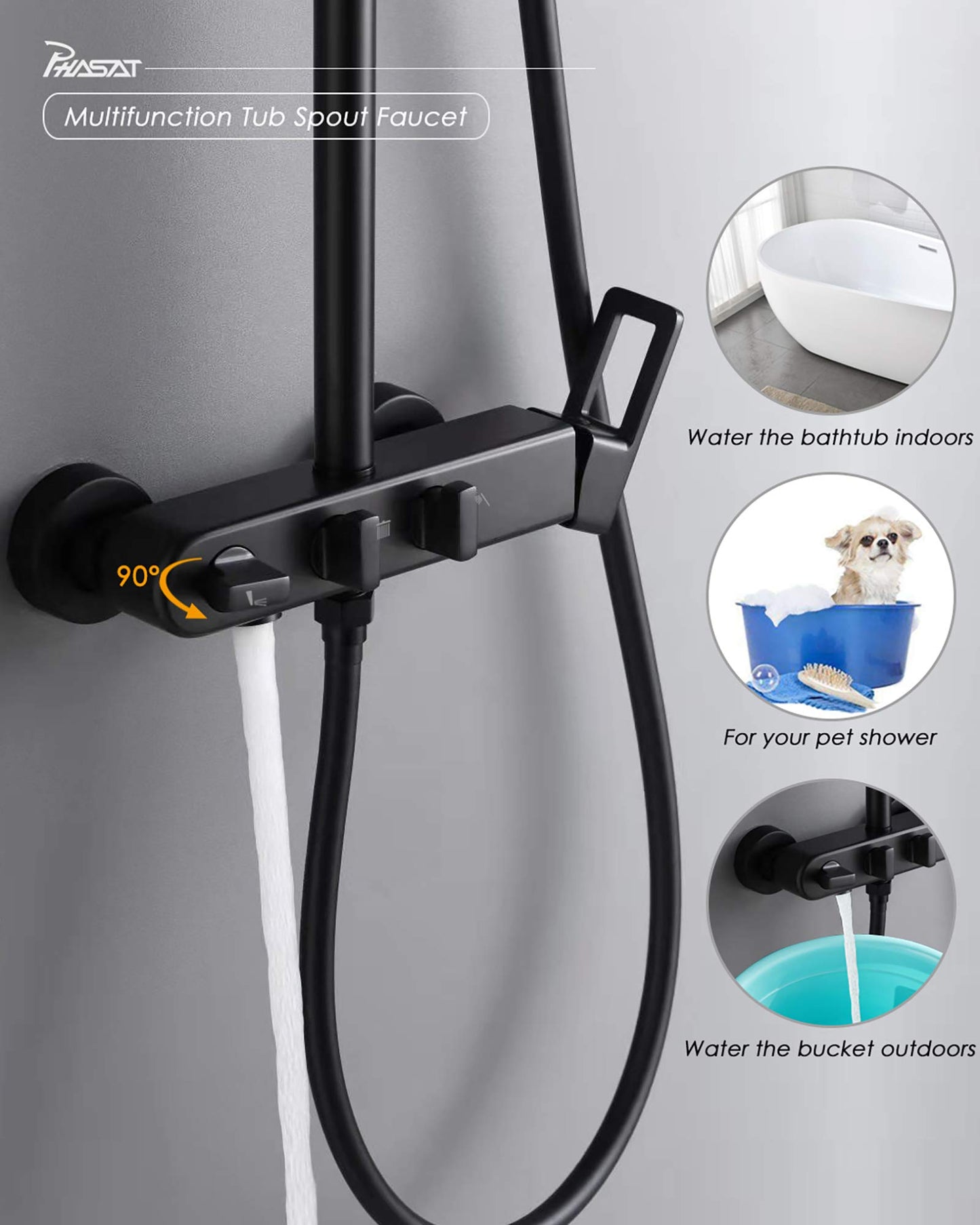 PHASAT Shower Fixtures Brass 3 Function Bathtub Faucet Set Wall Mounted Exposed Shower System,Matte Black,CT8525