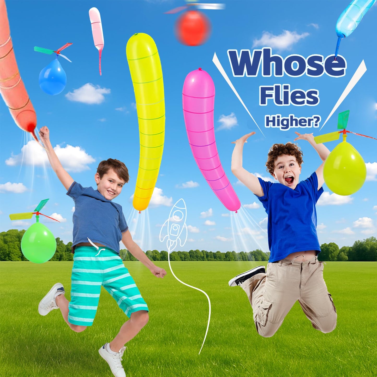 Nautydaddy Rocket Balloons with 2 Pumps 100pcs Whistling Flying Rockets + 5 Helicopter Balloon Toys, Screaming Air Rocket Set for Kids, Outdoor Party Games and Birthday Gifts