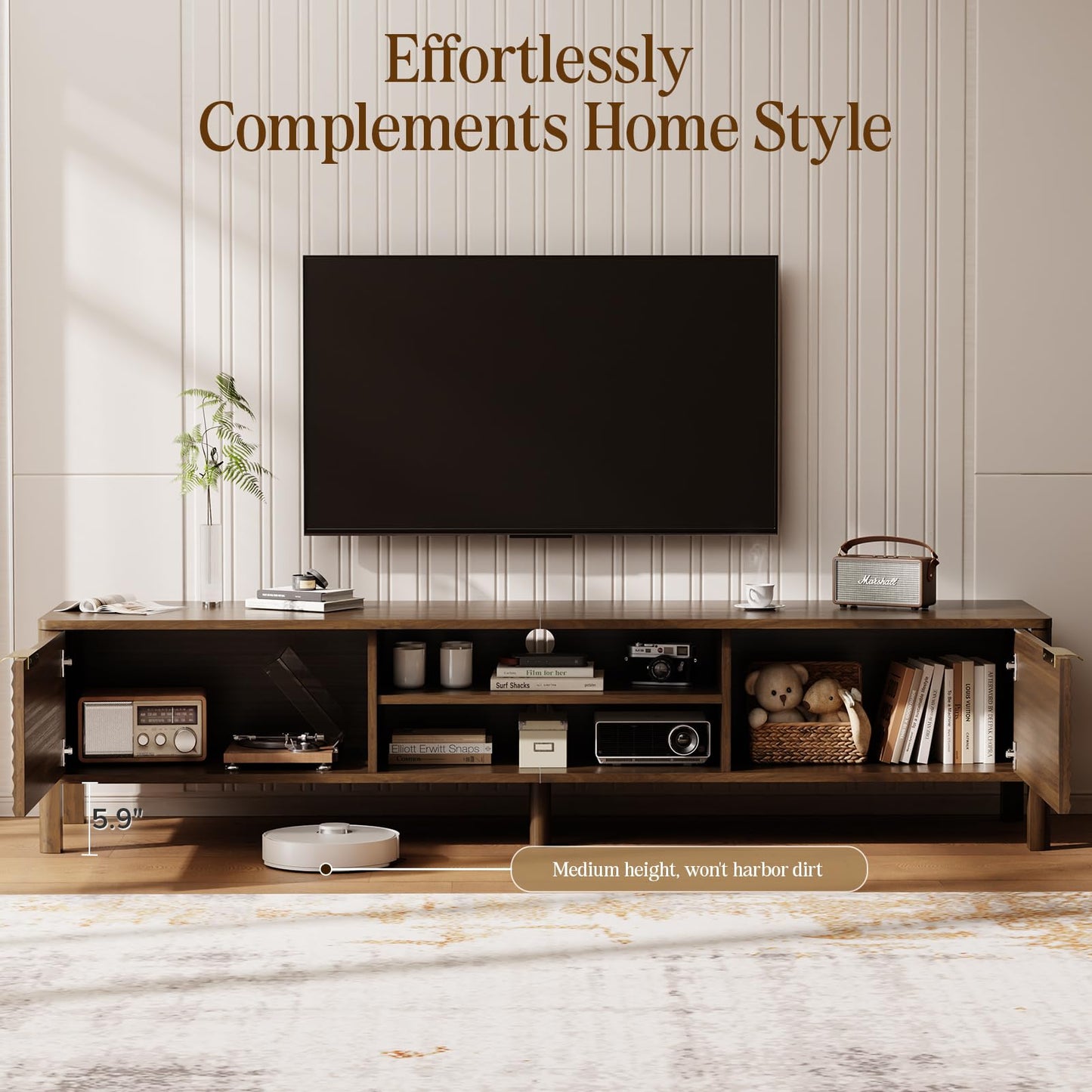 IKALIFE TV Stand for Living Room - up to 80 Inch TVs Mid Century Modern Entertainment Center with Storage and Adjustable Shelves, Media Console Table Walnut 71"