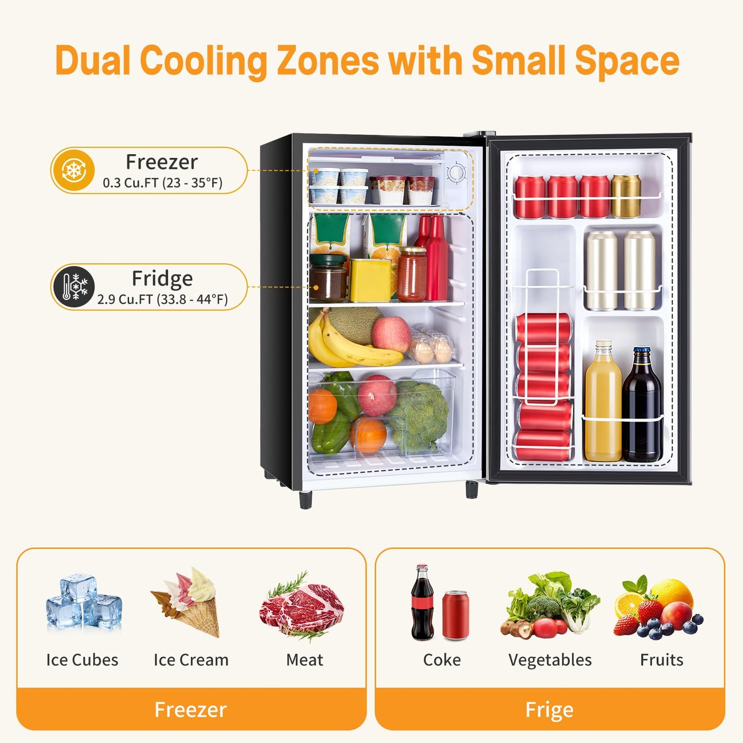 NEWBULIG Mini Fridge with Freezer 3.2 Cu.Ft Small Refrigerator for Office, Dorm, Small Fridge with Adjustable Thermostat, Energy Saving, Singel Door, Sliver