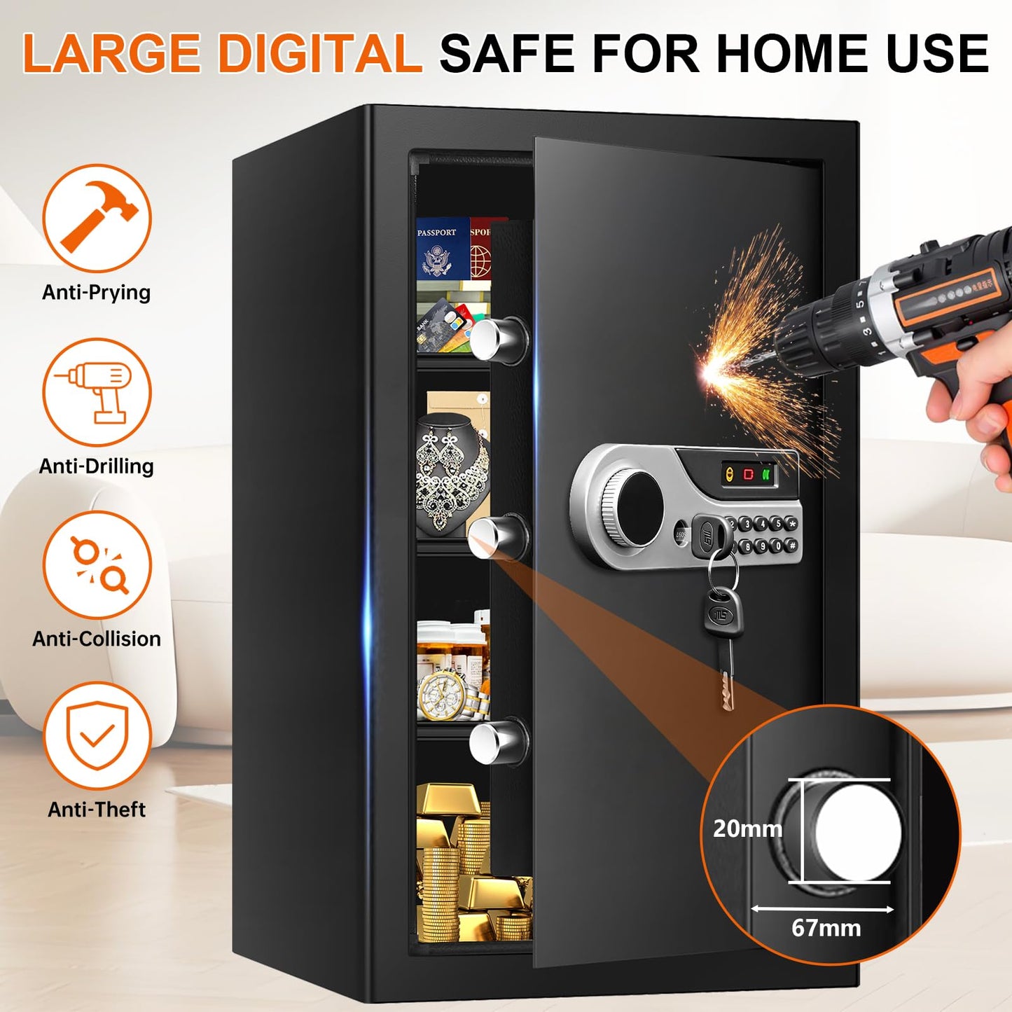 5.2 Cuft Large Fireproof Safe for Home Documents, Safety Box with Spare Keys, Alarm System & Removable Shelves, Home Safe Box Fireproof Waterproof for Money Medicine Jewelry