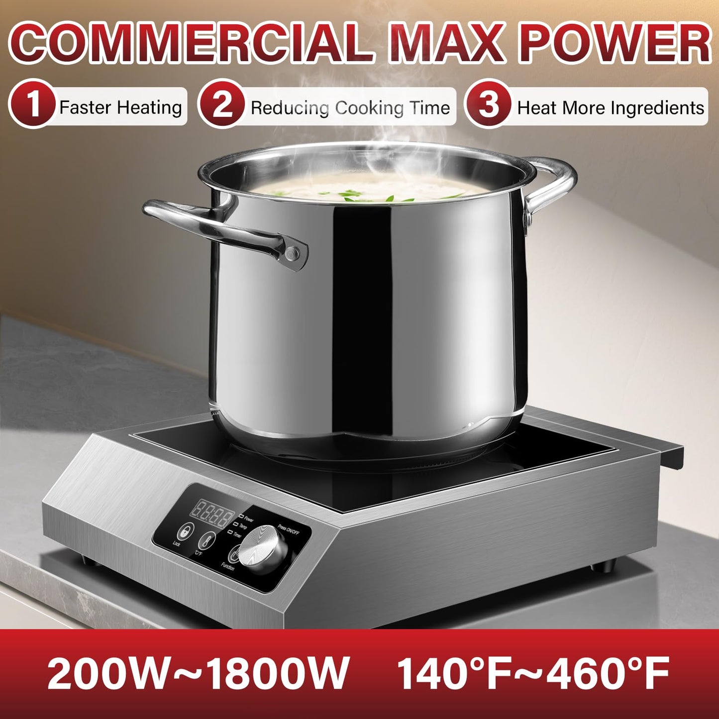 Zomagas 1800W Commercial Induction Cooktop: Features 10-Level Precision Power Control and Low-Noise Cooling for Home Chefs and Party Catering,With Knob and LCD Screen