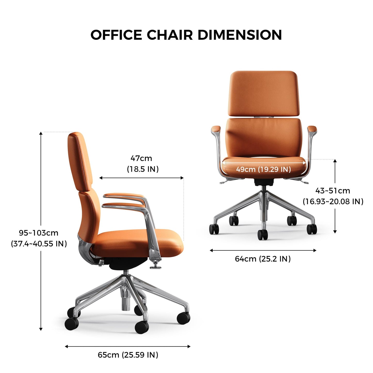 TOMU Genuine Leather Office Desk Chair with Wheels, Ergonomic Leather Executive Chair, Mid Back, Swivel Base with Adjustable Tilt, Modern Style, Luxury Aluminum Frame (Orange)