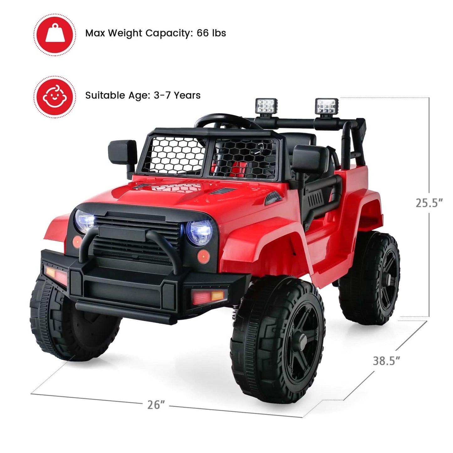 OLAKIDS Kids Ride On Truck, 12V Electric Vehicle Jeep Car with Remote Control, Toddlers Battery Powered Toy with 2 Speeds, Spring Suspension, Double Open Doors, LED Lights, Music, TF,USB, Mp3 (Garnet)