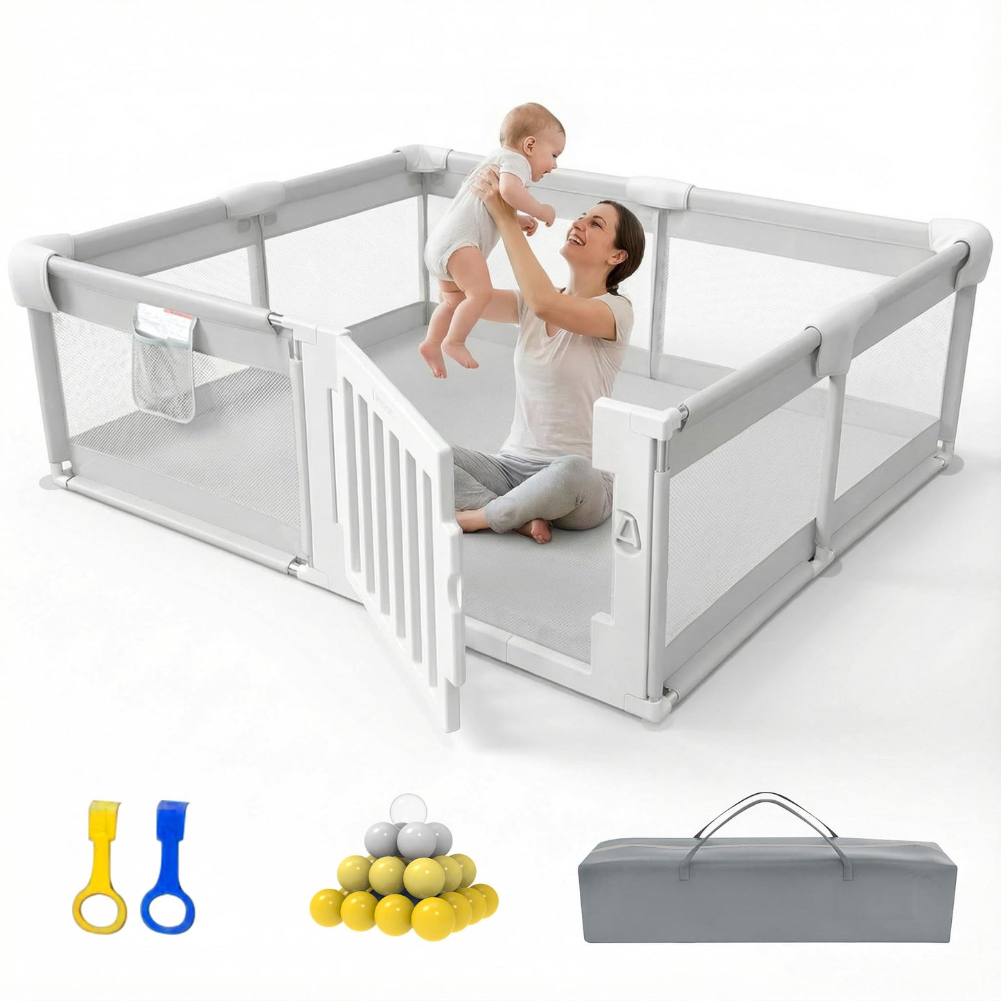 Funyoo 71" ×59" Baby Playpen with Gate, Large Baby Play Pen for Babies and Toddlers, Infant Fence Play Yard with Door for Living Room, Anti-Fall, Breathable Mesh