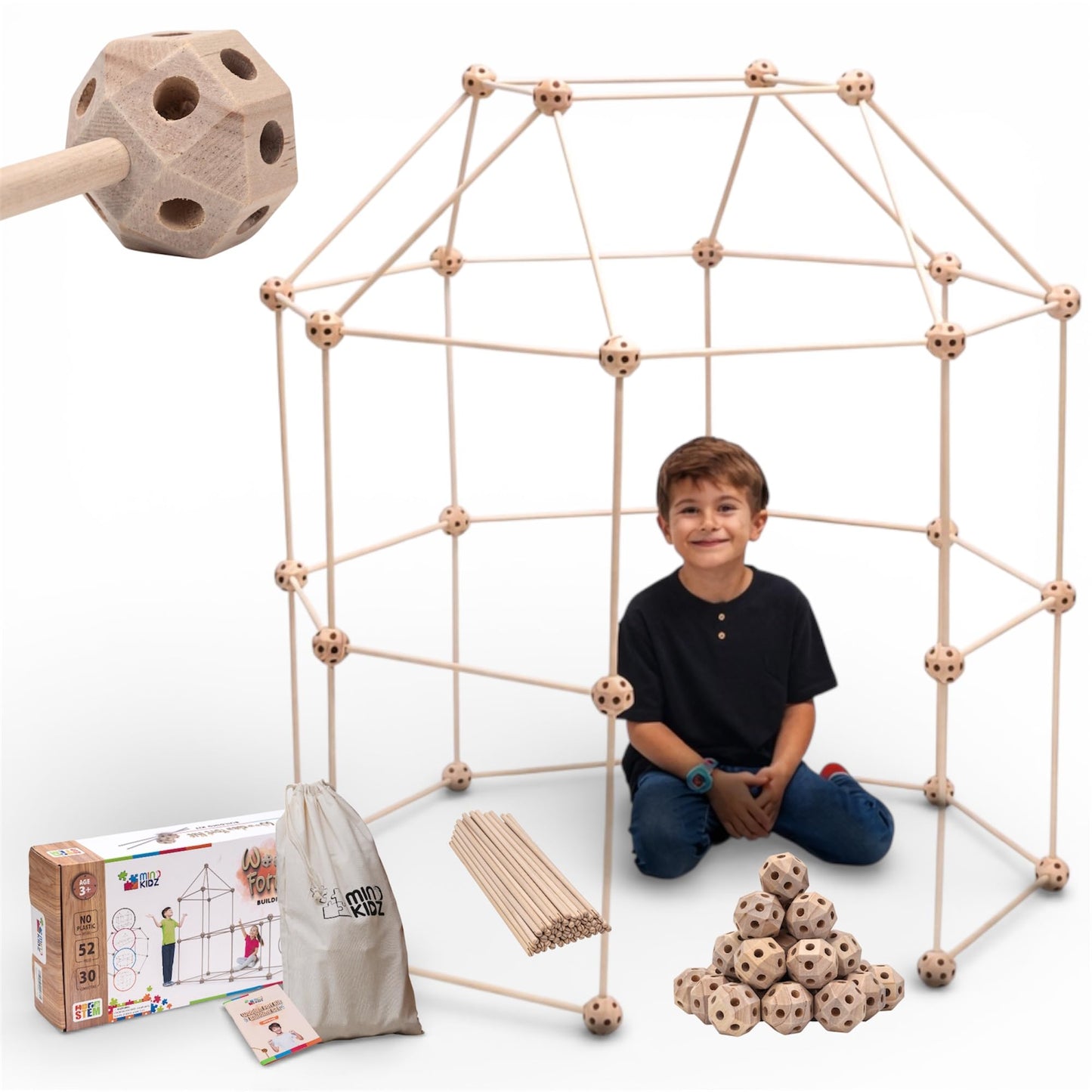 MIND KIDZ Wooden Fort Building Kit for Kids - STEM Montessori construction toy - 52 rods & 30 spheres, Eco-friendly play set for boys & girls