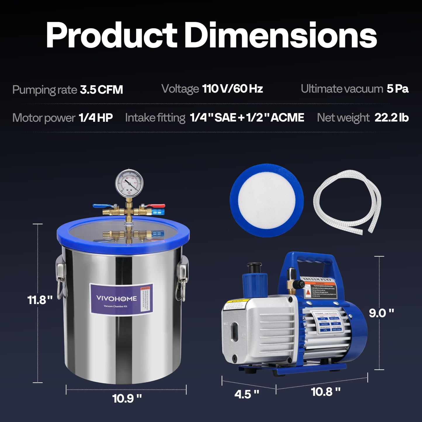 VIVOHOME 5 Gallon Vacuum Chamber with 3.5 CFM 1 Stage Vacuum Pump, 304 Stainless Steel Degassing Chamber Kit for Resin Casting Epoxy
