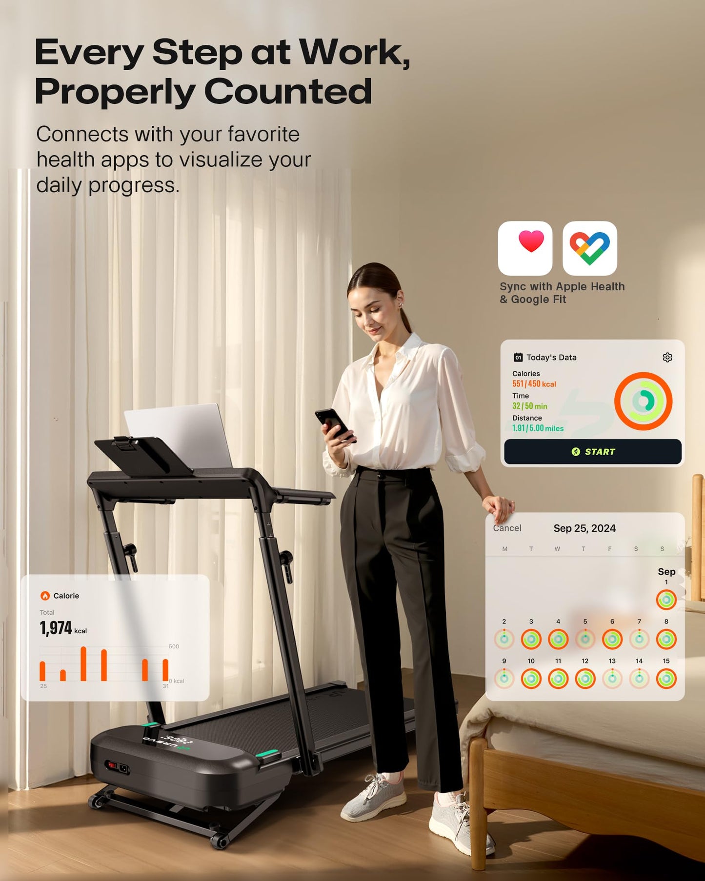UREVO Foldimix 5L 9% Auto Incline Foldable Treadmill, with Height-Adjustable Desk, 3.0HP Ultra-Quiet Brushless Motor, 400lb Capacity Workstation