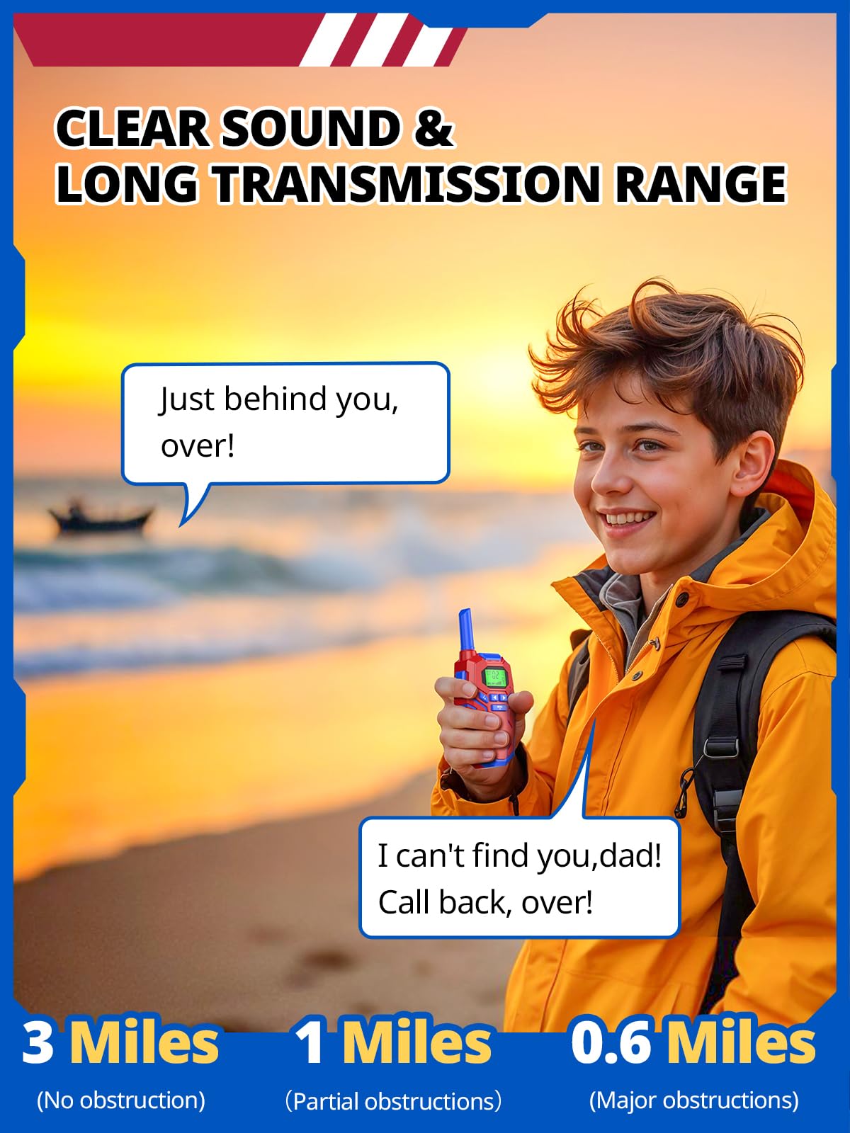 Walkie Talkies for Kids Toys Rechargeable, Long Range 2 Way Radios, Outdoors Park Hiking Road Trip Toys for 3-12 Year Old Boys, Birthday Xmas Gift for Kids, 2 Pack