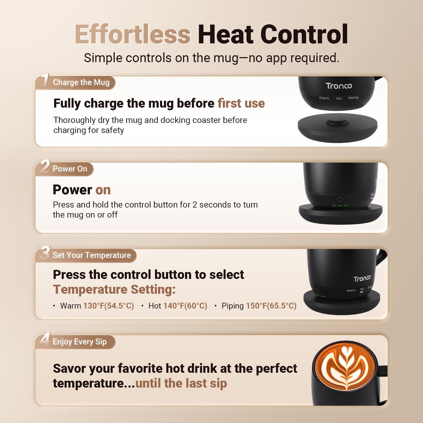 Tronco Temperature Control Heated Coffee Mug 14 oz – Rechargeable Self-Heating Coffee Cup with Lid – Manual Control, 3 Modes, 130 Min Battery Life, Auto Shut-Off (Rose)