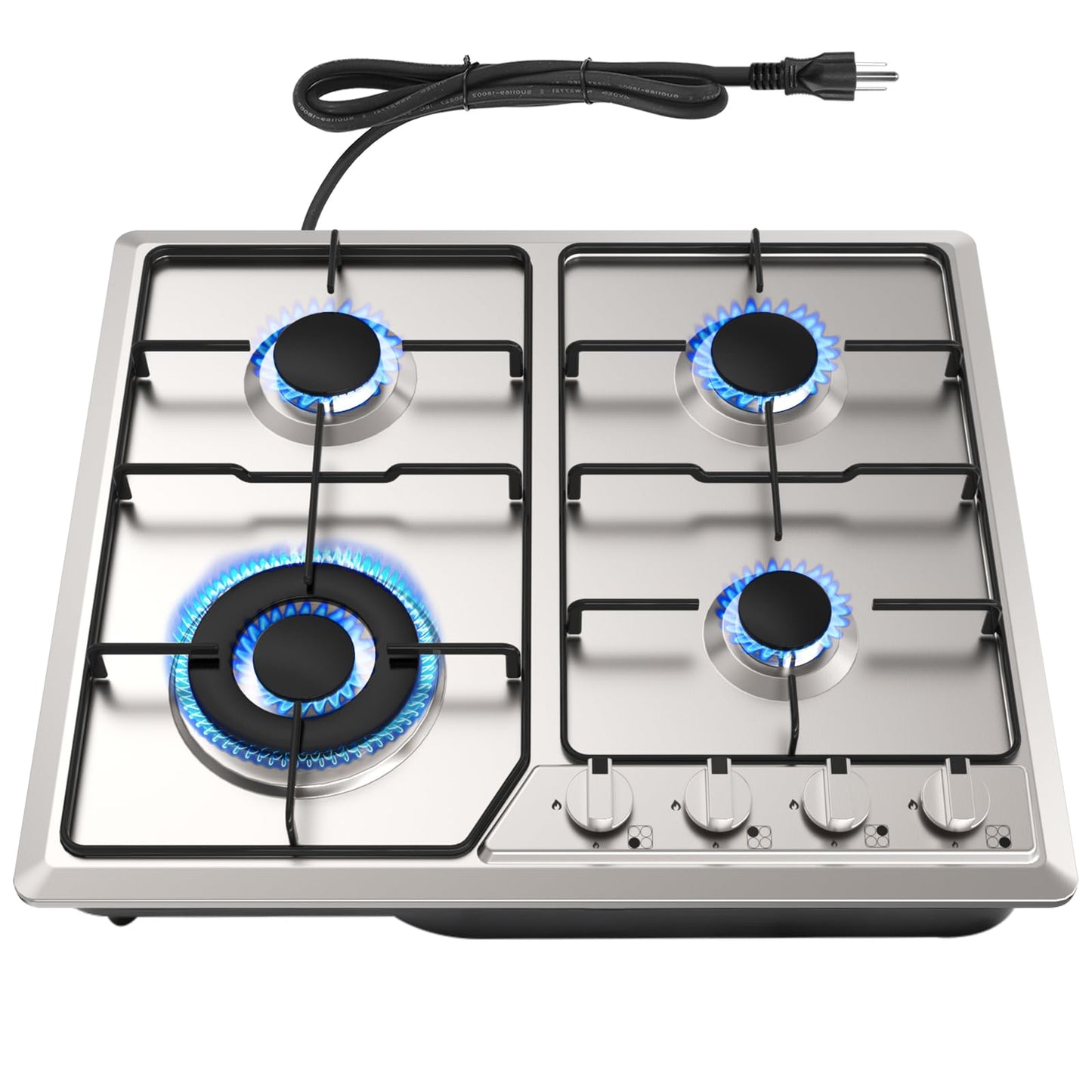 Borrallio Gas Cooktops 23x20 Inch, Built-in Stainless Steel 4 Burner Gas Stove, NG/LPG Dual Fuel Propane Gas Cooktop with Thermocouple Protection for Apartment, Kitchen, Indoor,110V,Plug in