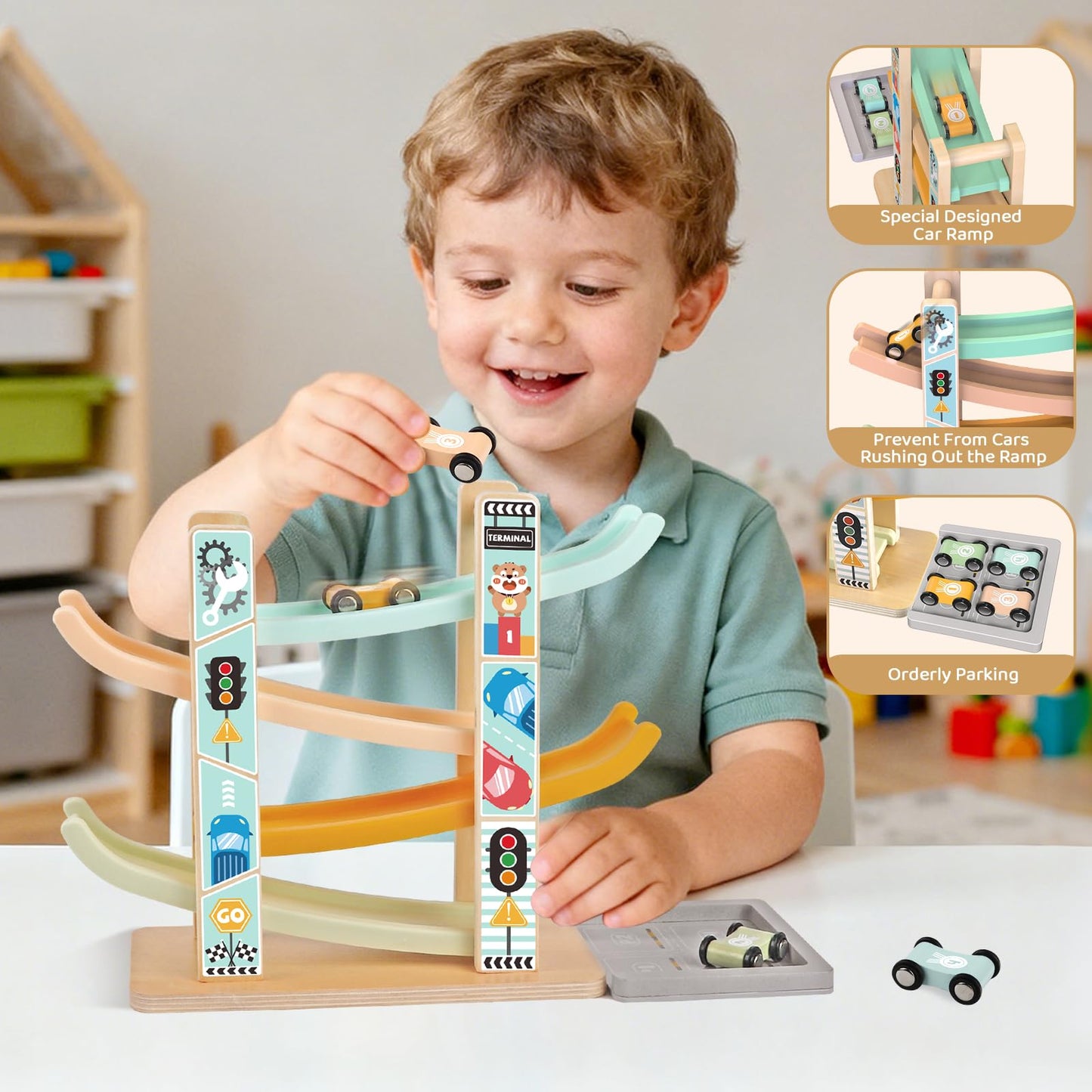 Wooden Montessori Toys for 1 Year Old, Pounding Hammering Toy with Xylophone & Fishing Game, Car Ramp Toy, Stacking Blocks & Shape Sorter 3 in 1 Wooden Toddler Toys 1 2 3 for Christmas Easter Gifts