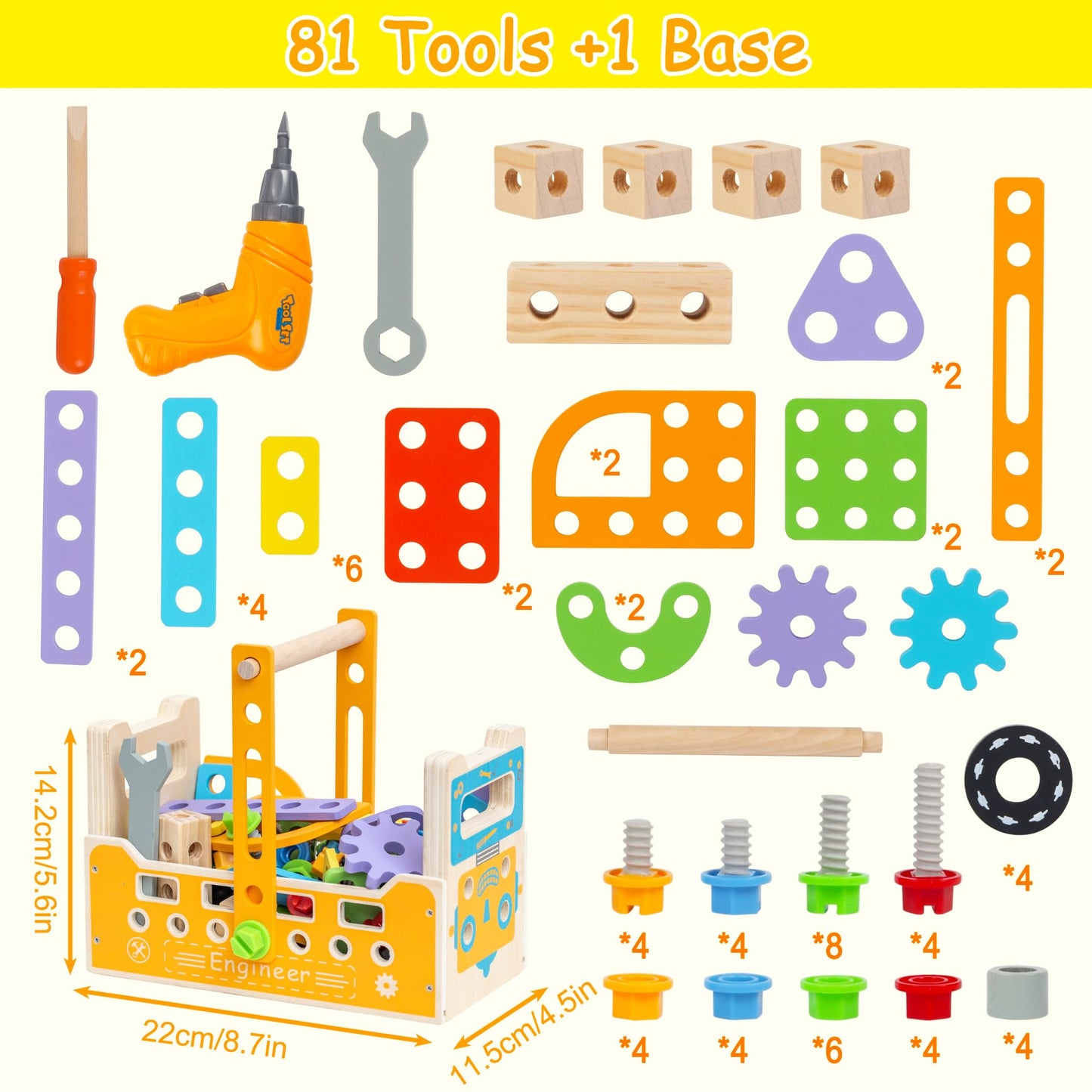 Totatatree Wooden Kids Tool Set with Electric Screwdrivers, 91PCS Educational STEM Construction Toys, Wooden Tool Bench Montessori Toy Tool Box for 3 4 5 YO Boys & Girls Birthday Gift (91Pcs)
