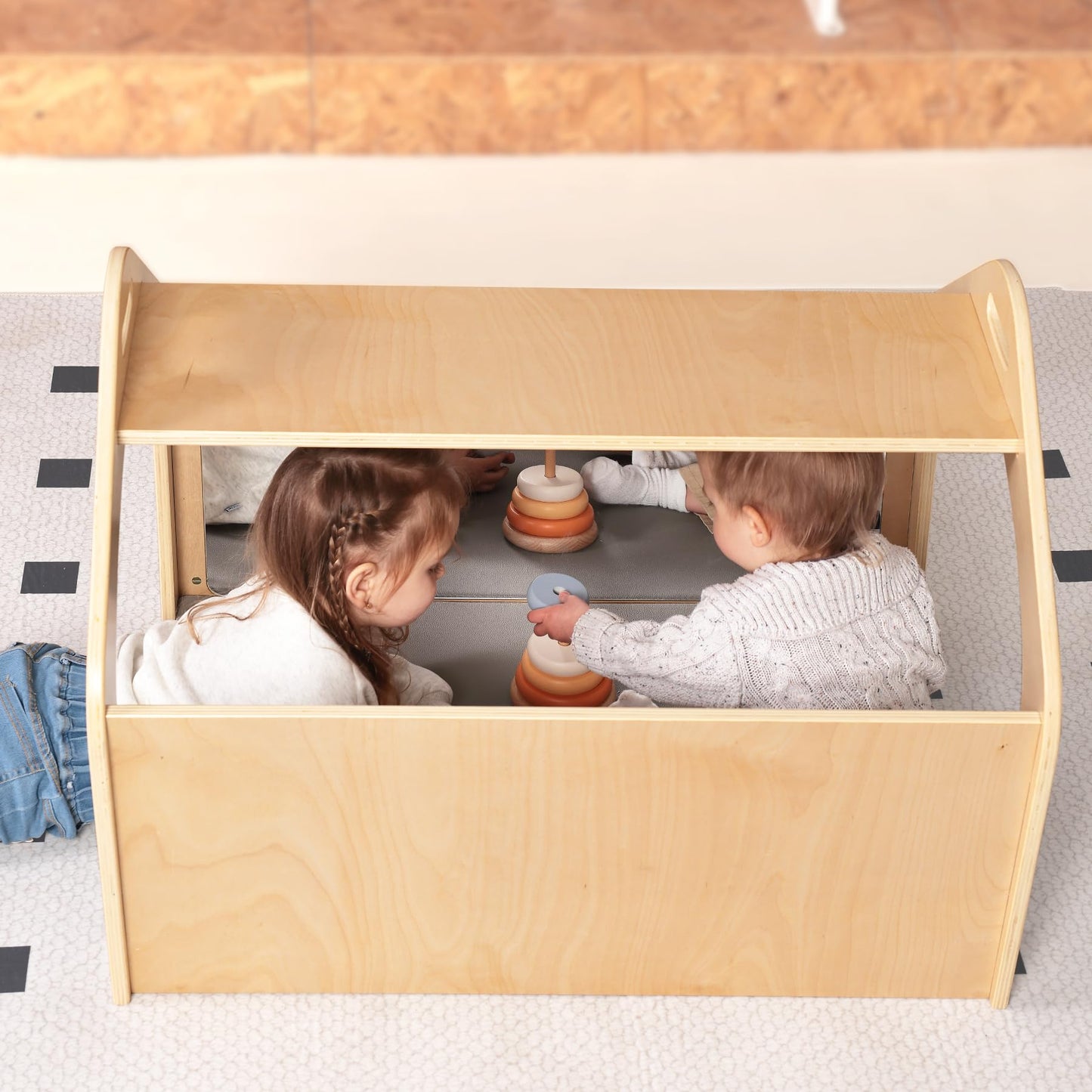 KRAND Wooden Playhouse for Toddlers w/Double Non-Shatter Safety Mirrors, Montessori Crawling Tunnel/Crawl-Through Play Set for Children and Kids, Daycare and Preschool Playroom(with Cushion)