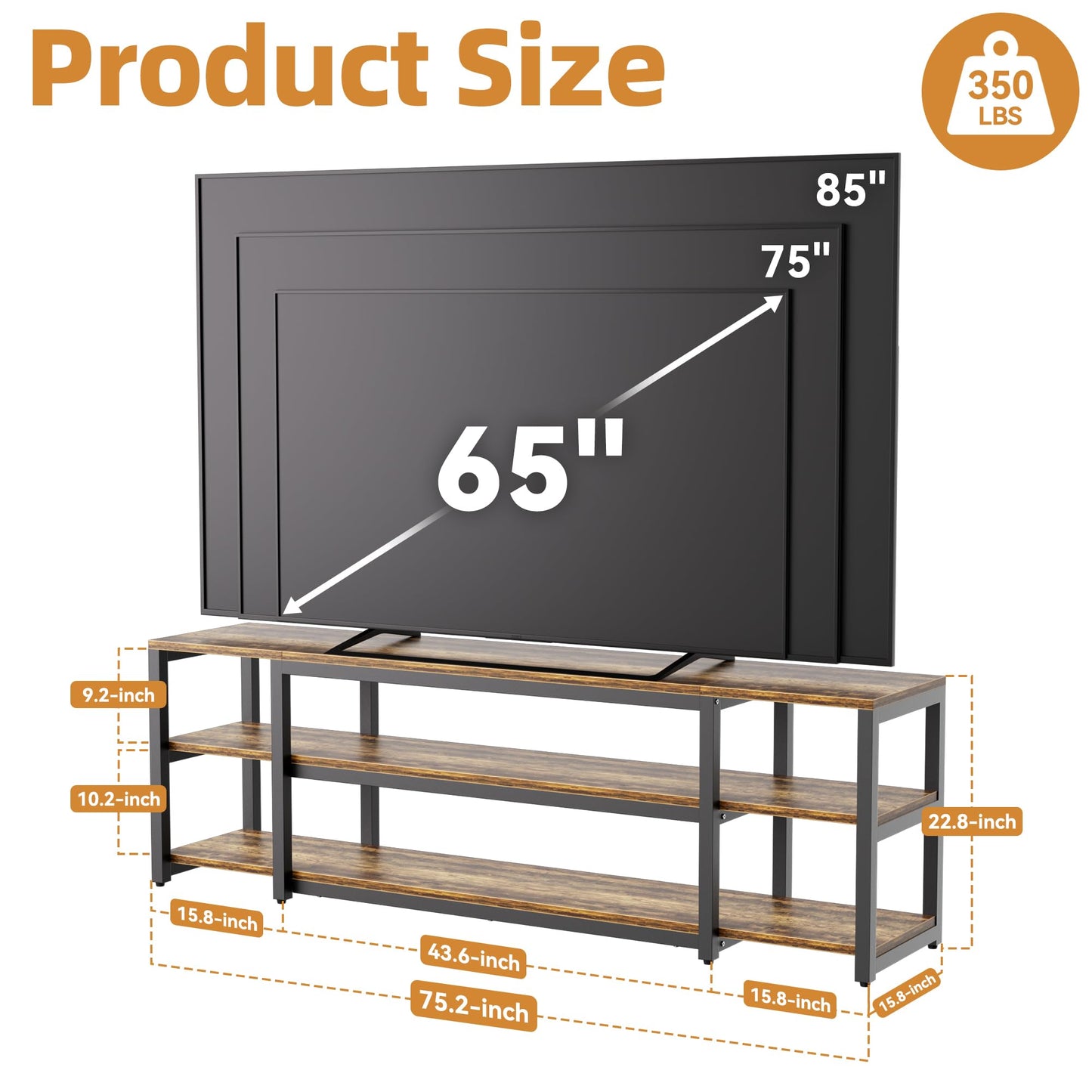 Aquzee 85 inch TV Stand, Entertainment Center for 70 75 80 85" TV, 75.2" Wide Wood Television Console Table for Living Room Bedroom Gaming Room, Rustic Brown