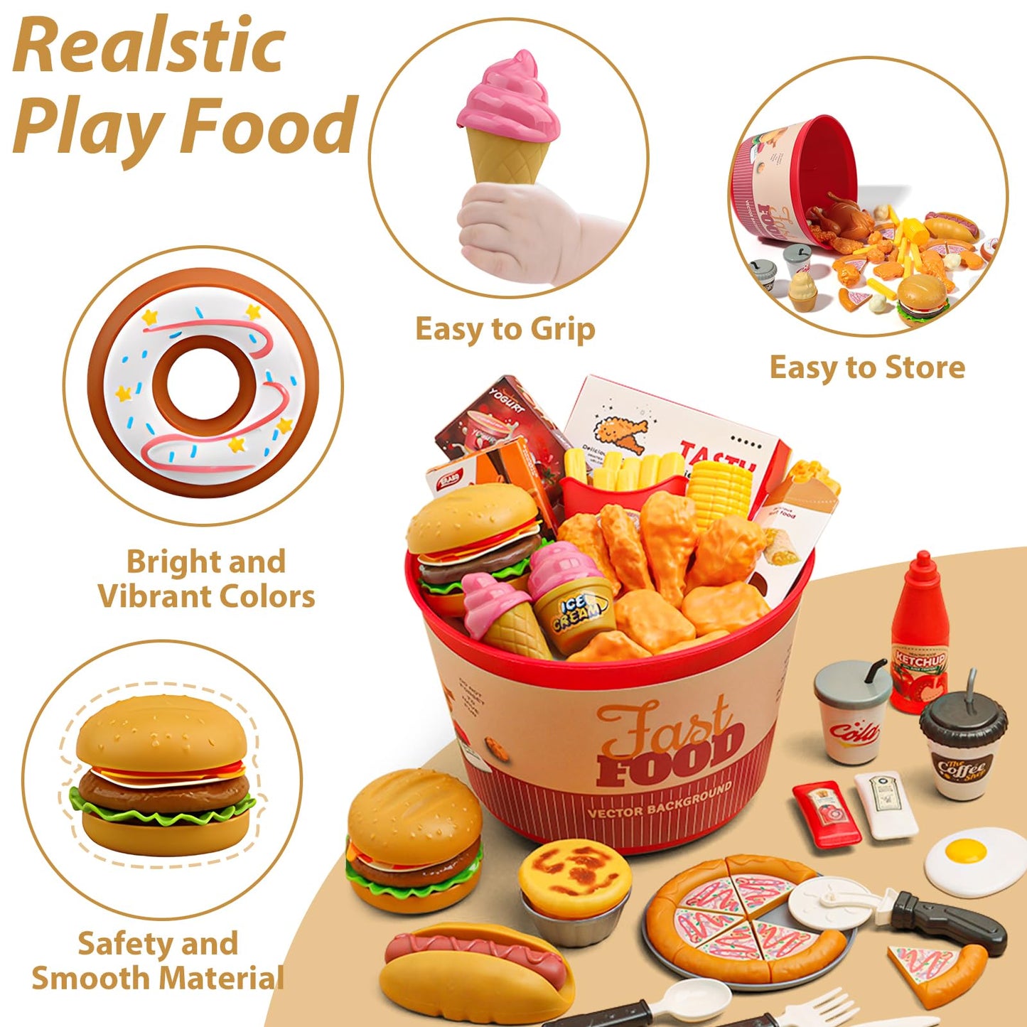 Hydeem 80 Pcs Pretend Play Food Toy for Kids Kitchen Aged 3 4 5, Fast Food Set with Storage Bucket, Pizza, Burger, Ice Cream, Hot Dog, Educational Birthday Toy Gift for Boys Girls