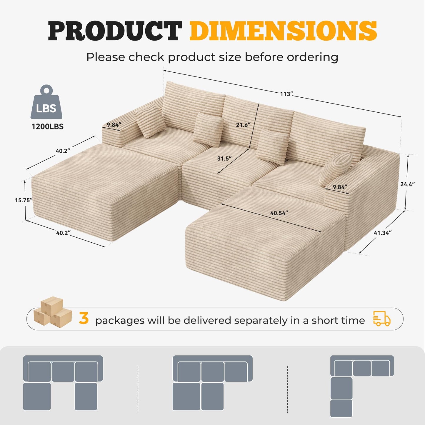 113" Modular Sectional Sofa, Convertible U-Shaped Cloud Couches for Living Room with Ottoman, 5 Seater Corduroy Boneless Couch Sofa Set, No Assembly Required, Khaki 1 PCS