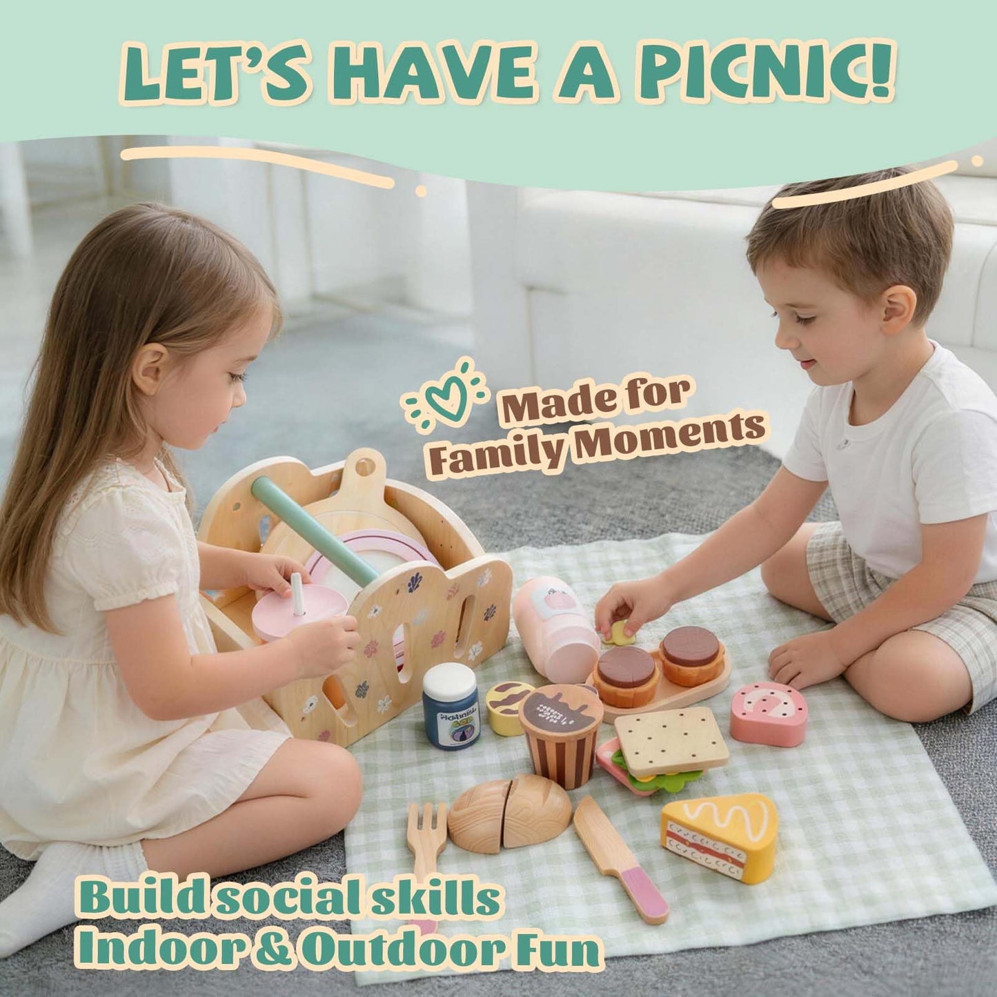 Potatomato Wooden Picnic Playset for Toddlers - 25+ Pcs Play Food Set with Cutting Desserts&Functional Basket - Montessori Pretend Play Kitchen Accessories-Birthday Gift for Girls Boys