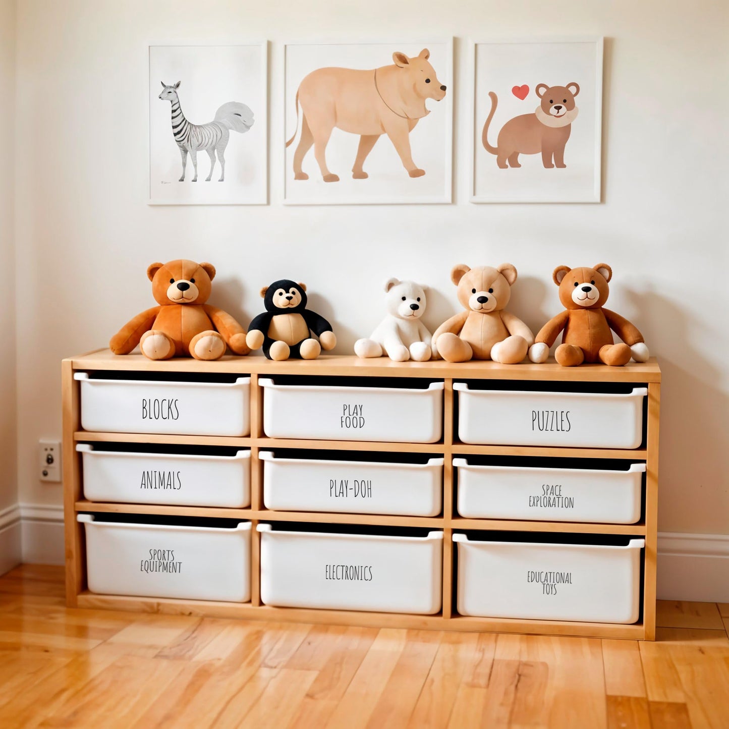 Hygge & Sage Nursery Organization and Kids Room Organization Label Stickers | 144 Clear Preprinted Stickers with Black Print | Easy to Remove Labels for Kids Playroom Storage or Nursery Storage