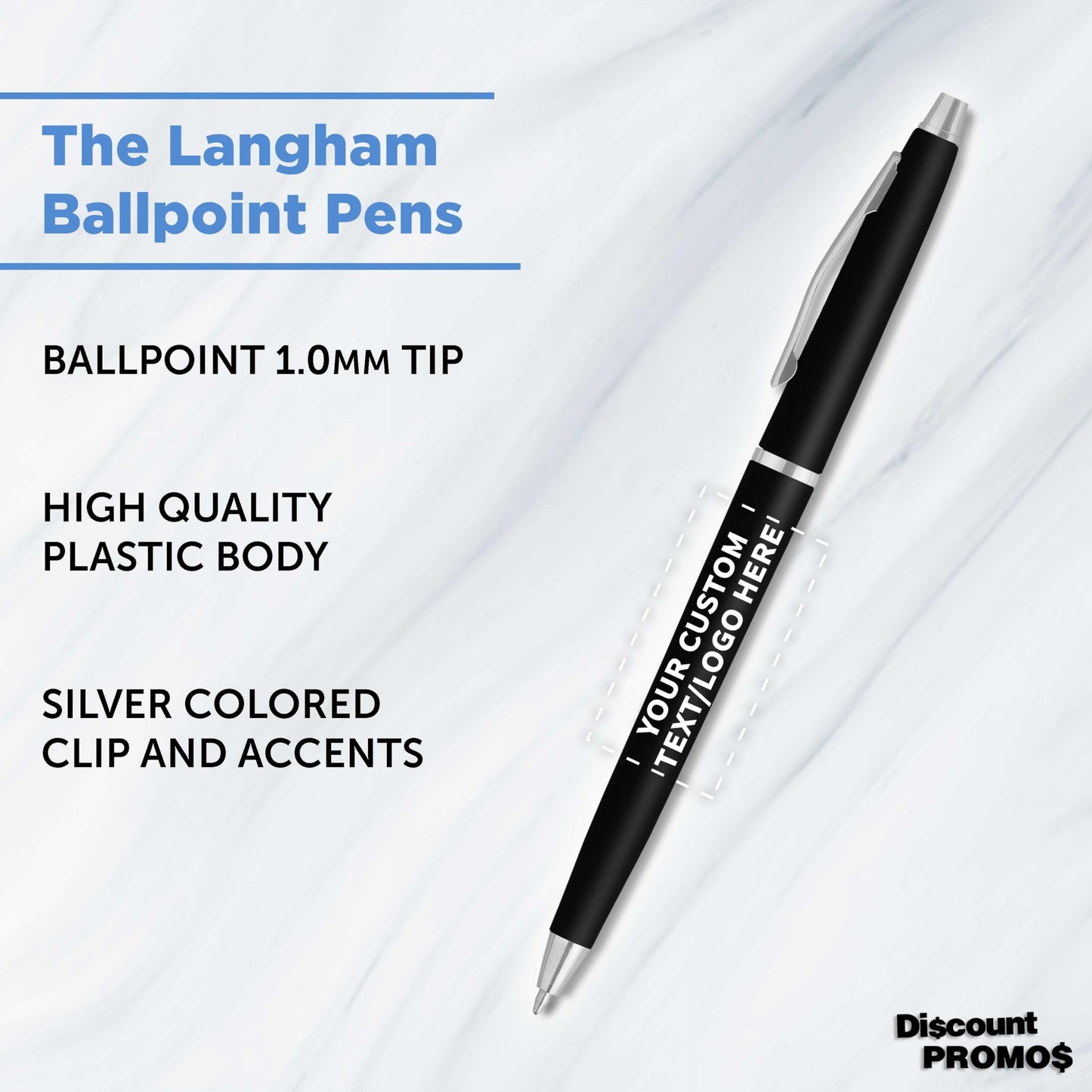 Personalized Langham Ballpoint Pens, Set of 10/50/100 by DISCOUNT PROMOS - Black Ink, Great for Office, Business, Tradeshows - Black