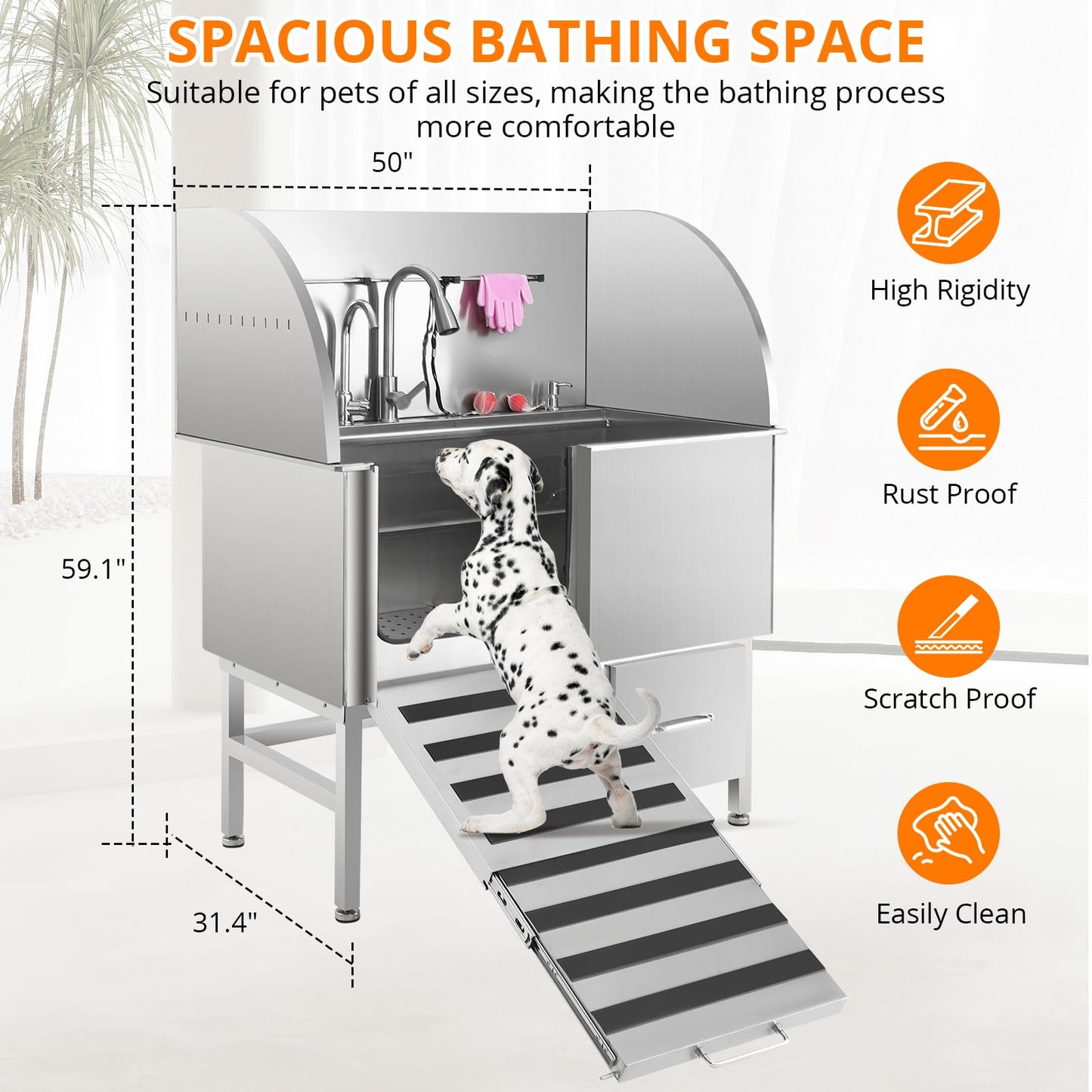 ActiveTrail Professional Stainless Steel Dog Grooming Tub, Collapsible Ramp, Storage Drawer, Pull-Out Faucet, Floor Grate, Dog Washing Station for Large, Medium, Small Pets, Left Door, 50 inch