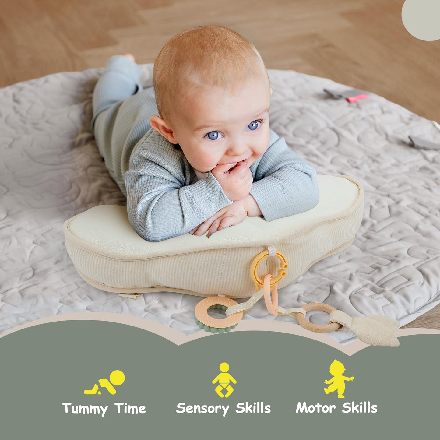 COTTONBEBE Organic Baby Tummy Time Cushion with 2 Detachable Toys for Newborn Babies,Soft Cotton Tummy Time Pillow Promotes Development, Ergonomic Design,Ideal Baby Gift