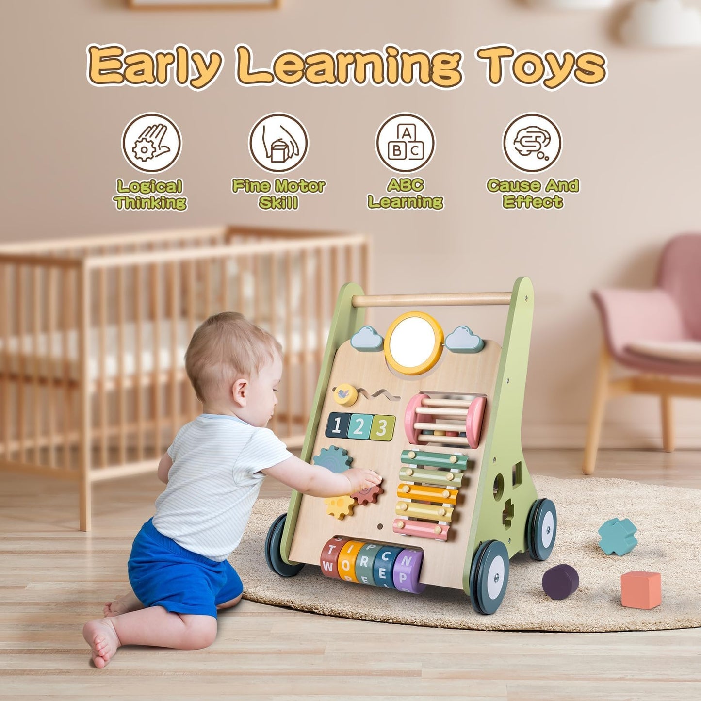 LOL-FUN Wooden Baby Walker with Wheels, Baby Walker for Boys 12 Months Push Toy, Montessori Walking Toys for 1 Year Old Activity Center
