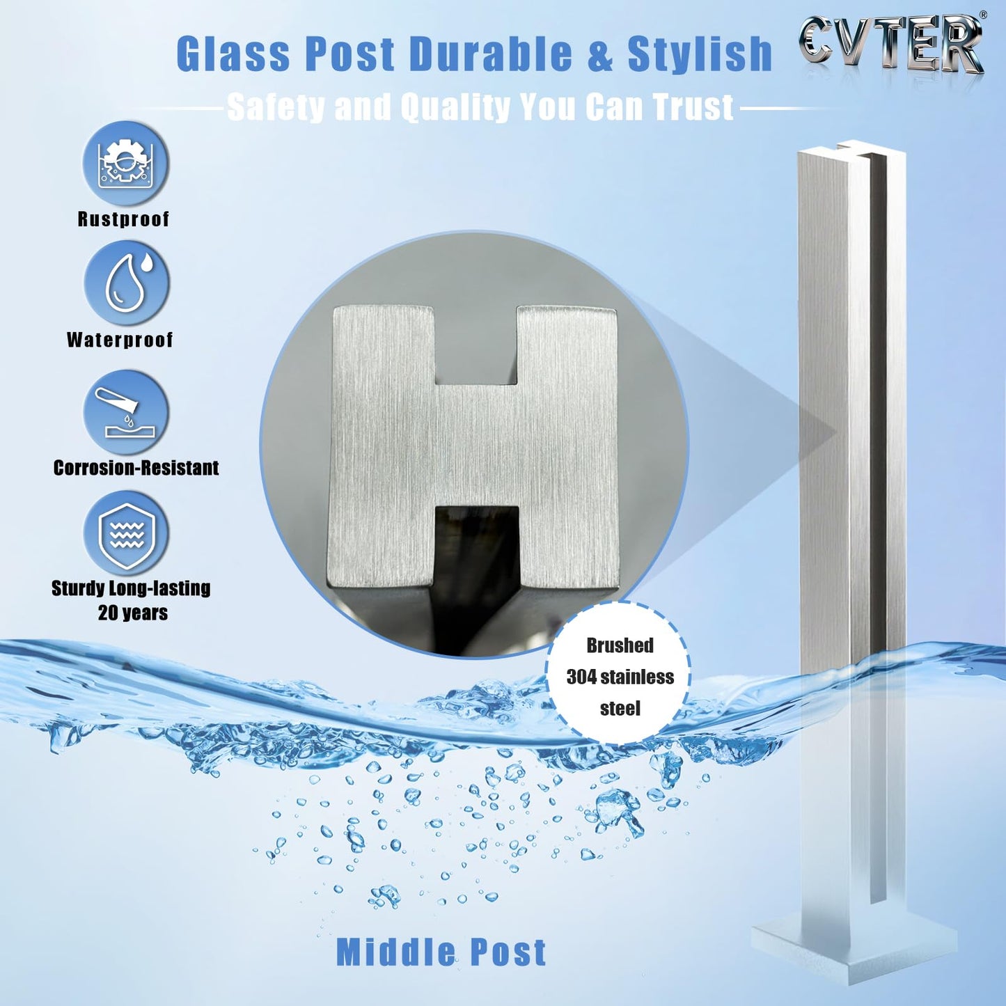 Cvter Glass Railing Post, No-Punch Heavy-Duty Glass Railing with Spigot Slots & Base, 304 Stainless Steel Clamp Bracket for Deck Balusters, Balcony, Patio, Stairs, Silver 24in Mid Post
