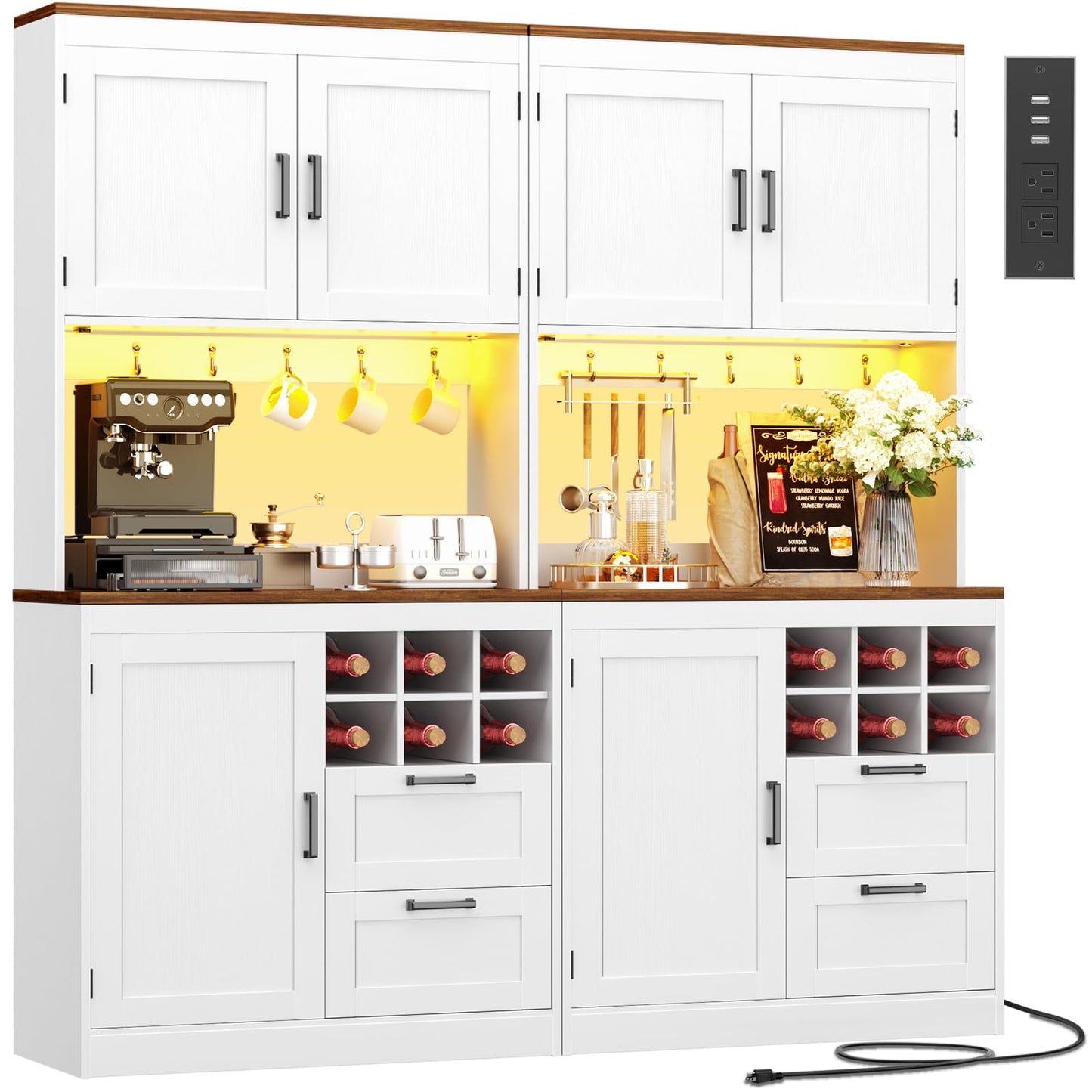 Unikito 72" Tall Pantry Cabinet, Kitchen Pantry Storage Cabinet with LED Light & Outlet, 63" Wide Kitchen Hutch Bar with Microwave Stand, Drawers, Wine Rack & Shelves, Cupboard for Dining Room, White