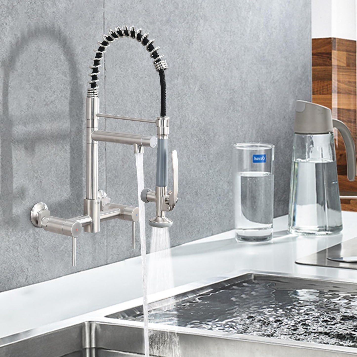 DEMIINUS Wall Mount Kitchen Faucet with Pull Down Sprayer, 8 Inch Center Kitchen Sink Faucet, Heavy-Duty Commercial Wall Mount Faucets, 2 Handle Faucet for Kitchen Sink, Brushed Nickel