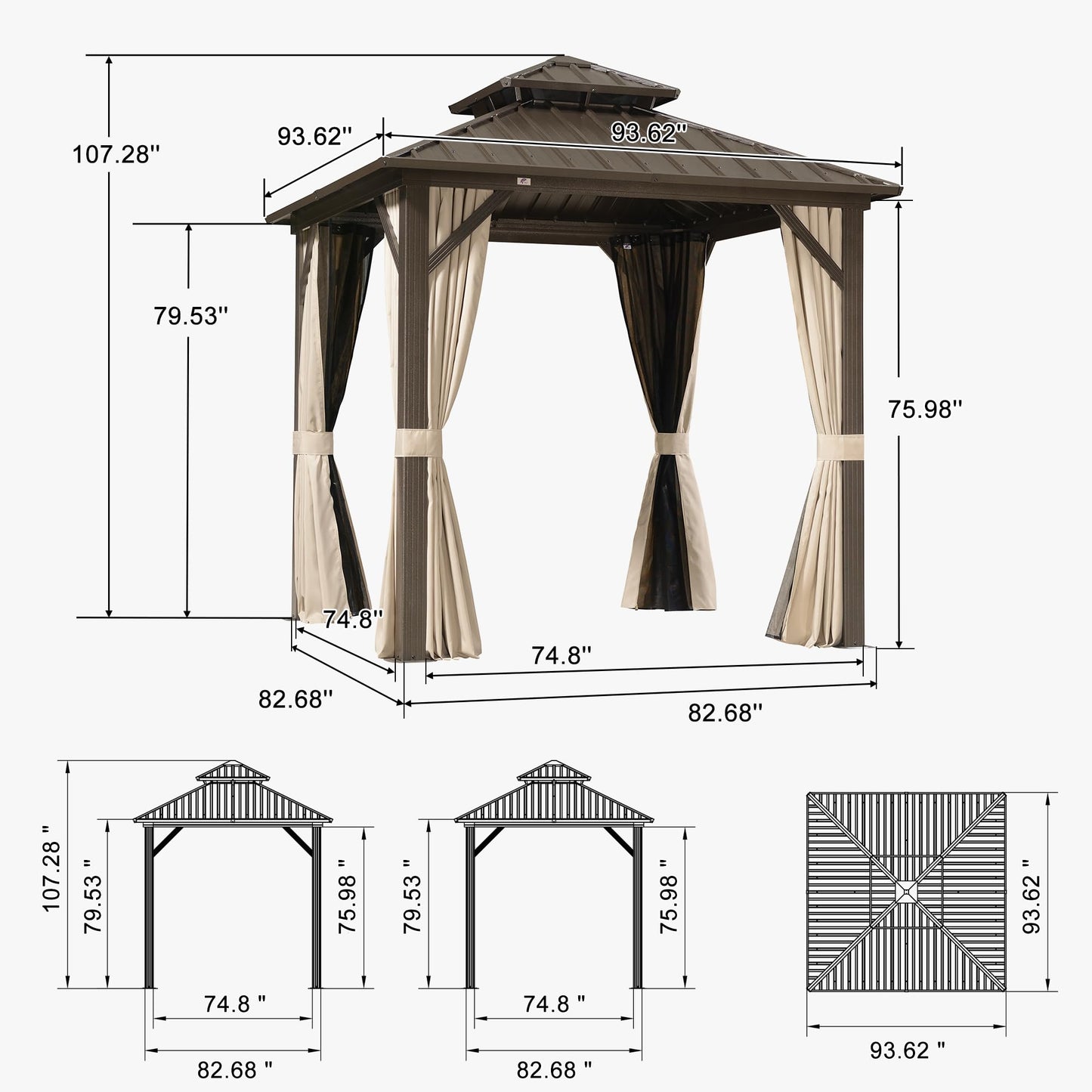 PURPLE LEAF 8’ X 8’ Outdoor Hardtop Gazebo Metal Frame Galvanized Steel Double Roof with Curtains and Nettings for Patio Desk Backyard Bronze