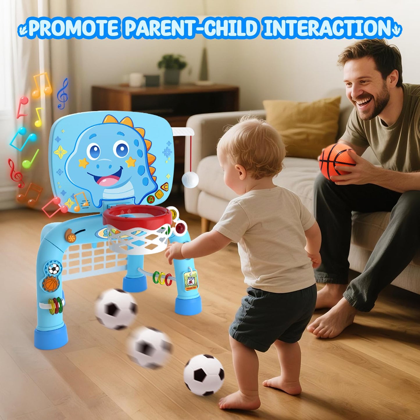 Toys for 1 Year Old Boy - Toddler Basketball Hoop & Soccer Goal & Baseball Activity Center with Light Sound Music, Dinosaur Montessori Sports Toy, Christmas Birthday Gift for Baby 12-18 Months, Blue