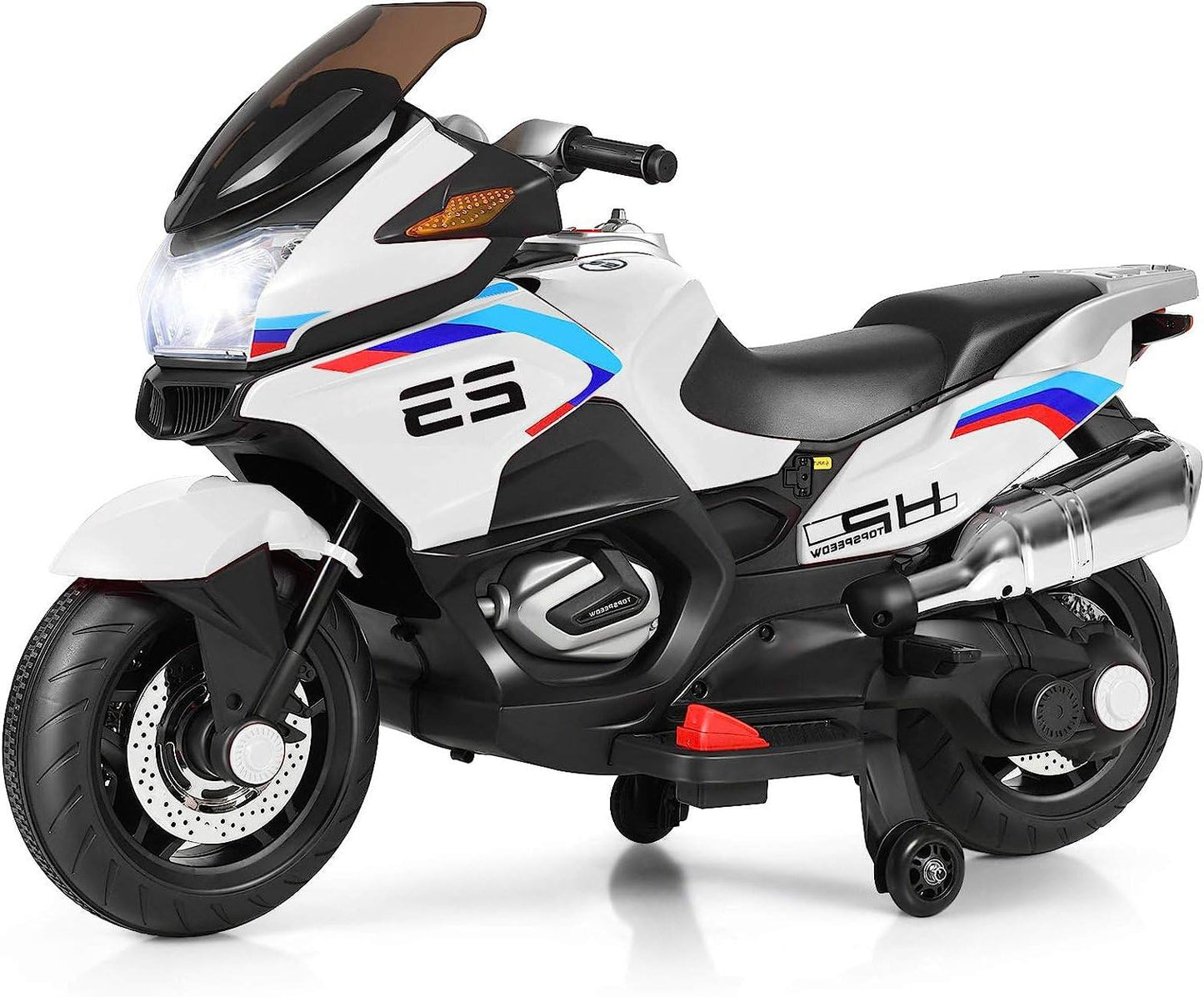 FUTADA Kids Ride on Motorcycle, 12V Kids Electric Motorcycle w/Training Wheels, Bright LED Light, Music, Foot Pedal, Battery Powered Tricycle Toy, Birthday Gift for Children, Girls Boys (White)