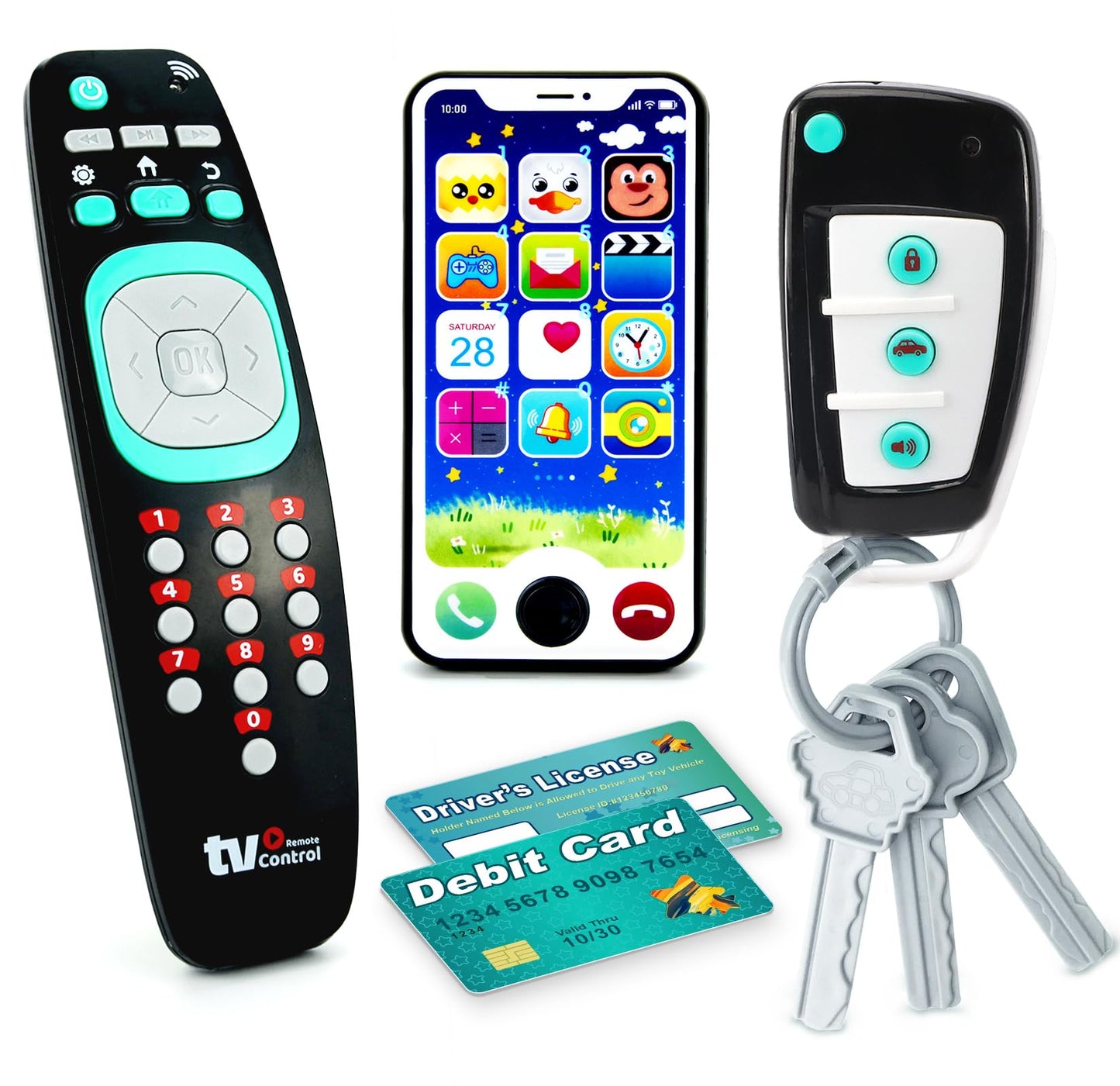 Pretend Play Playset for Toddlers Babies, Musical Toys with Light and Sound for Boys and Girls, TV Remote Control and Smart Phone Toys and Car Remote and Playing Key with Cards Toy Set