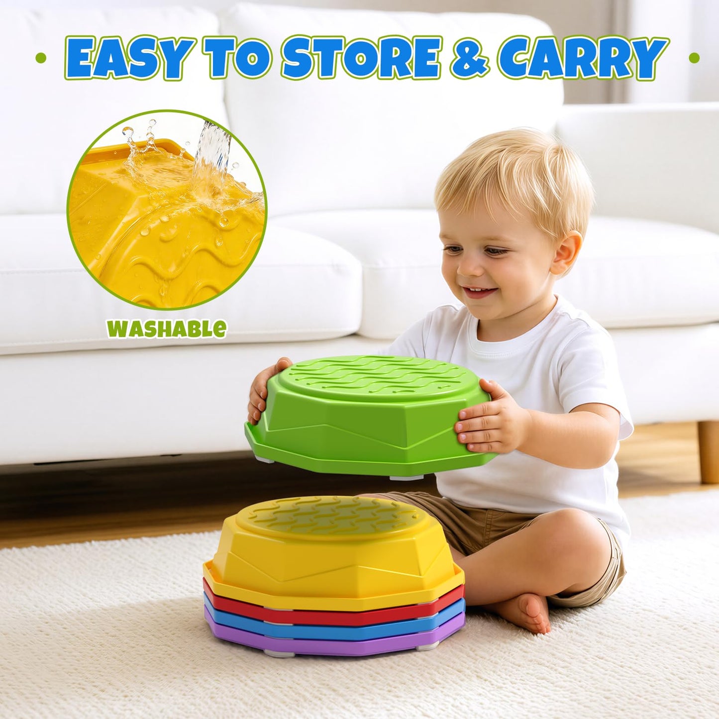 Wee Wonders Balance Beam Stepping Stones for Kids, Non-Slip Sensory Obstacle Course Toys for Toddlers, Stackable Balance Stones with Game Spinner & 30 Card, Indoor Outdoor Gifts for Boys Girls 3-5