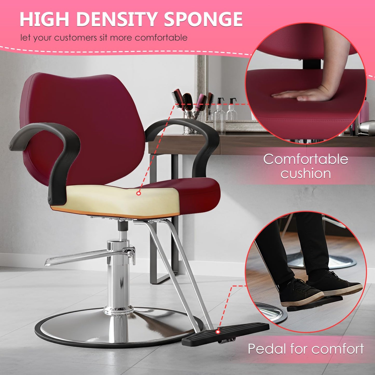 BestMassage Hydraulic Reclining Barber Chair Burgundy, Heavy Duty All Purpose Salon Chair with Adjustable Headrest Footrest and Hydraulic Pump