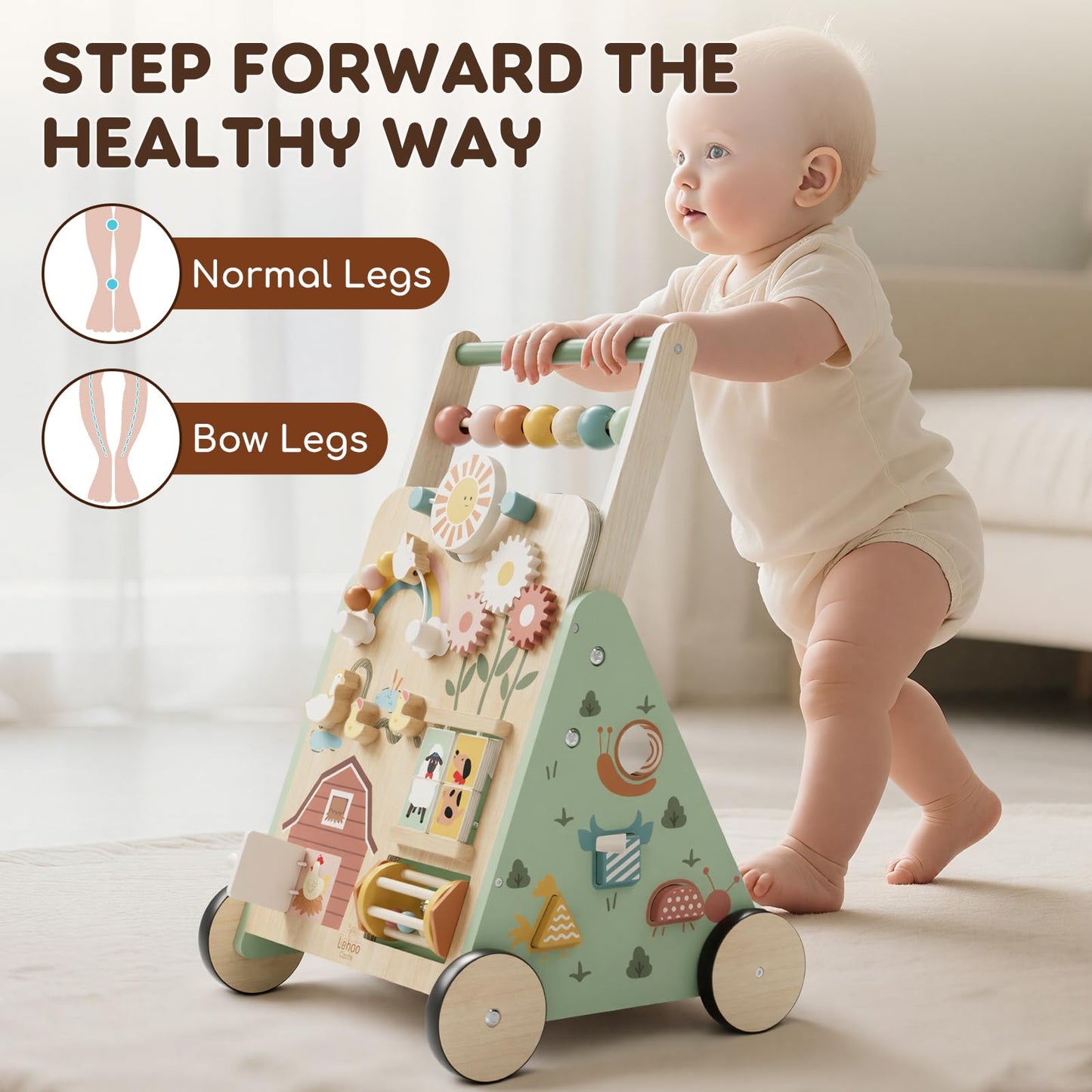 Lehoo Castle Wooden Baby Walker, Adjustable Speed Montessori Walker with Activity Center for Boys Girls, Baby Push Walker Toys for 1 Year Old Learning to Walk