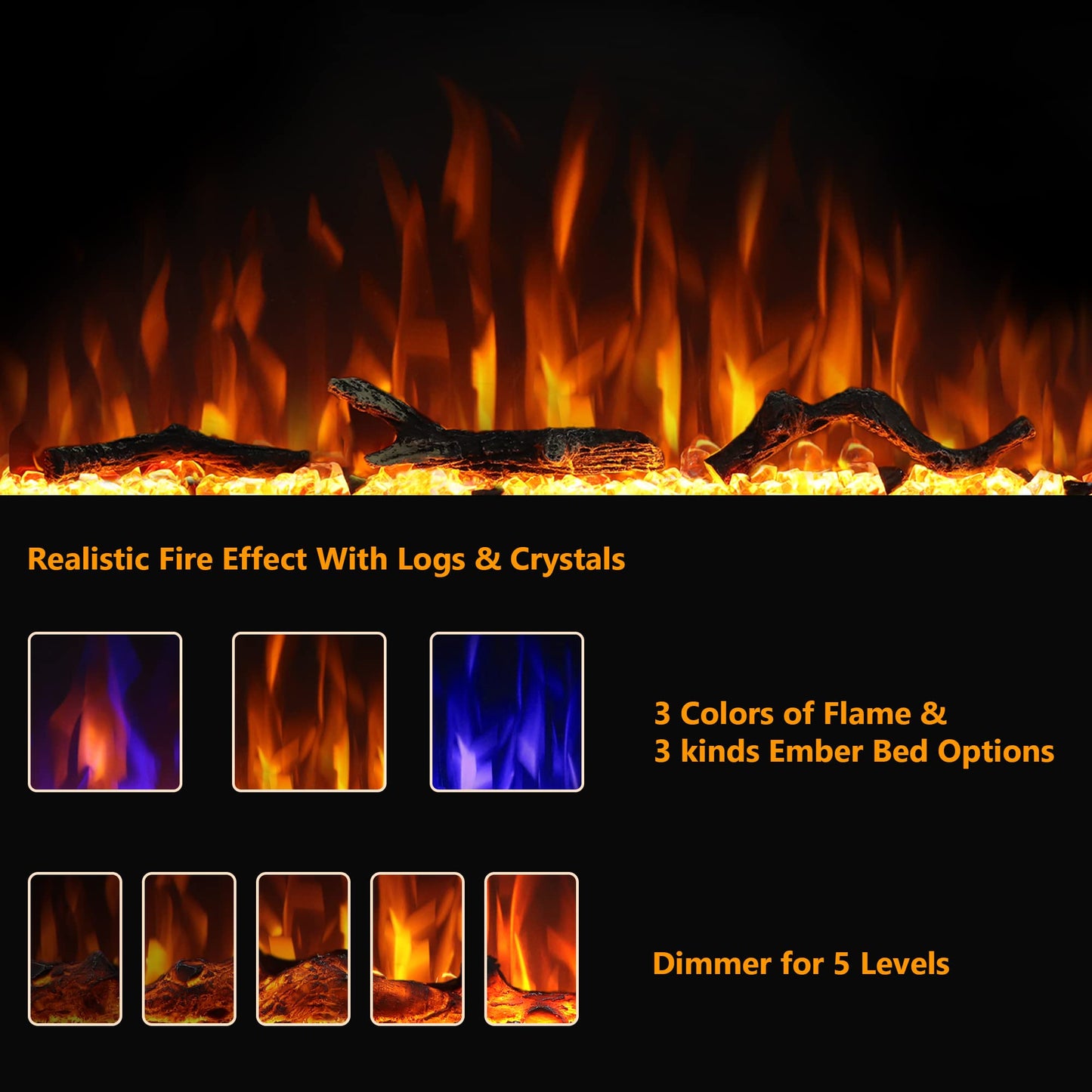 Dreamflame Electric Fireplace 42inches, Wall-Mounted & Recessed Fireplace Inserts, Multicolor Flame w/5 Dimmer, Remote Control Thermostat, Timer, Overheating Protection, Hardwire Connect, 1500W,Black