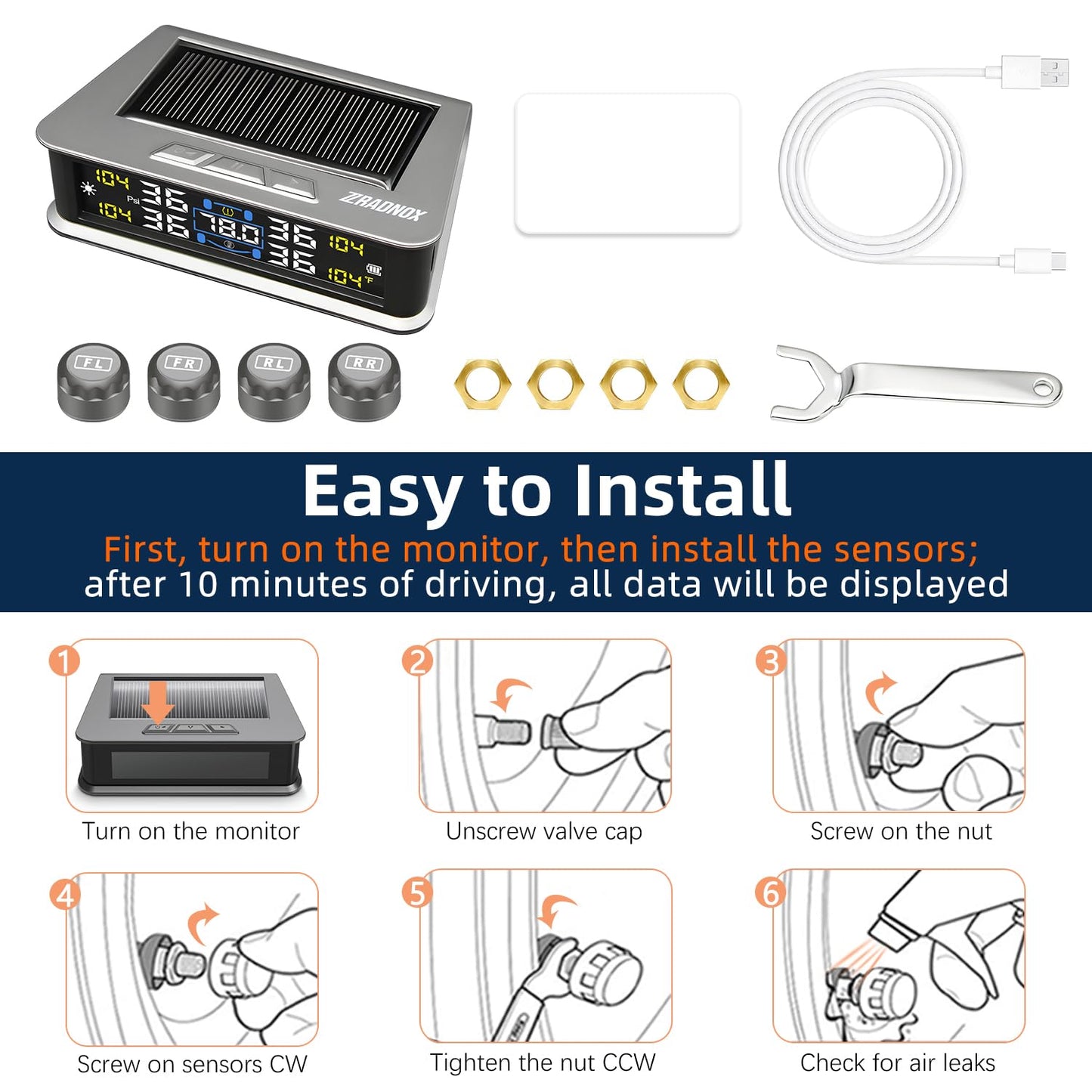 Zradnox Tire Pressure Monitoring System - TPMS with Solar & USB Charger, Tire Pressure Monitor System with 4 External sensors & 6 Alarm Modes, LCD Real-time Display, Auto on/Off Mode, Easy to Install