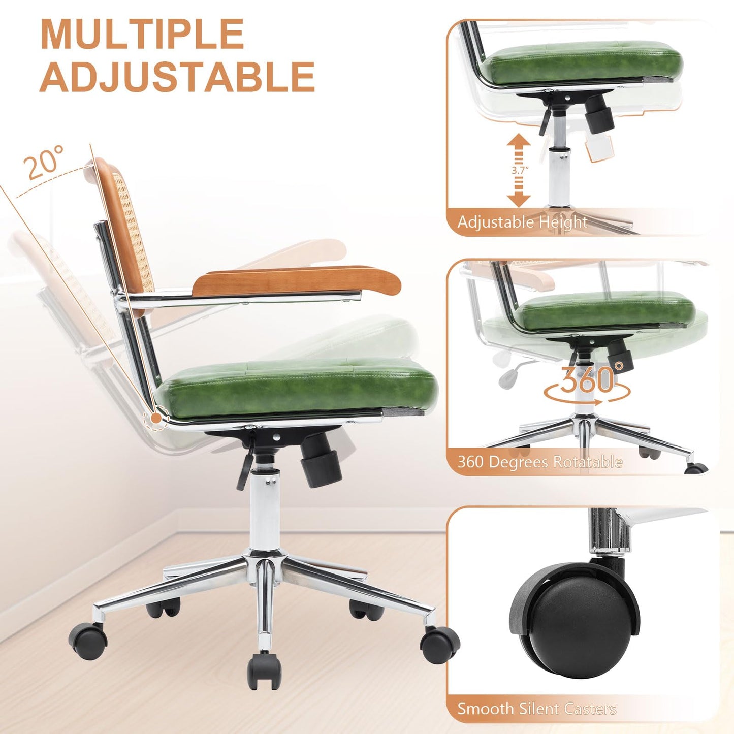 BALIAA Rattan Office Chairs, Modern Rattan Desk Chair with Natural Back & Wood Armrest, Small Upholstered Tufted Leather Home Office Desk Chairs for Home Office, Bedroom, Study, Green