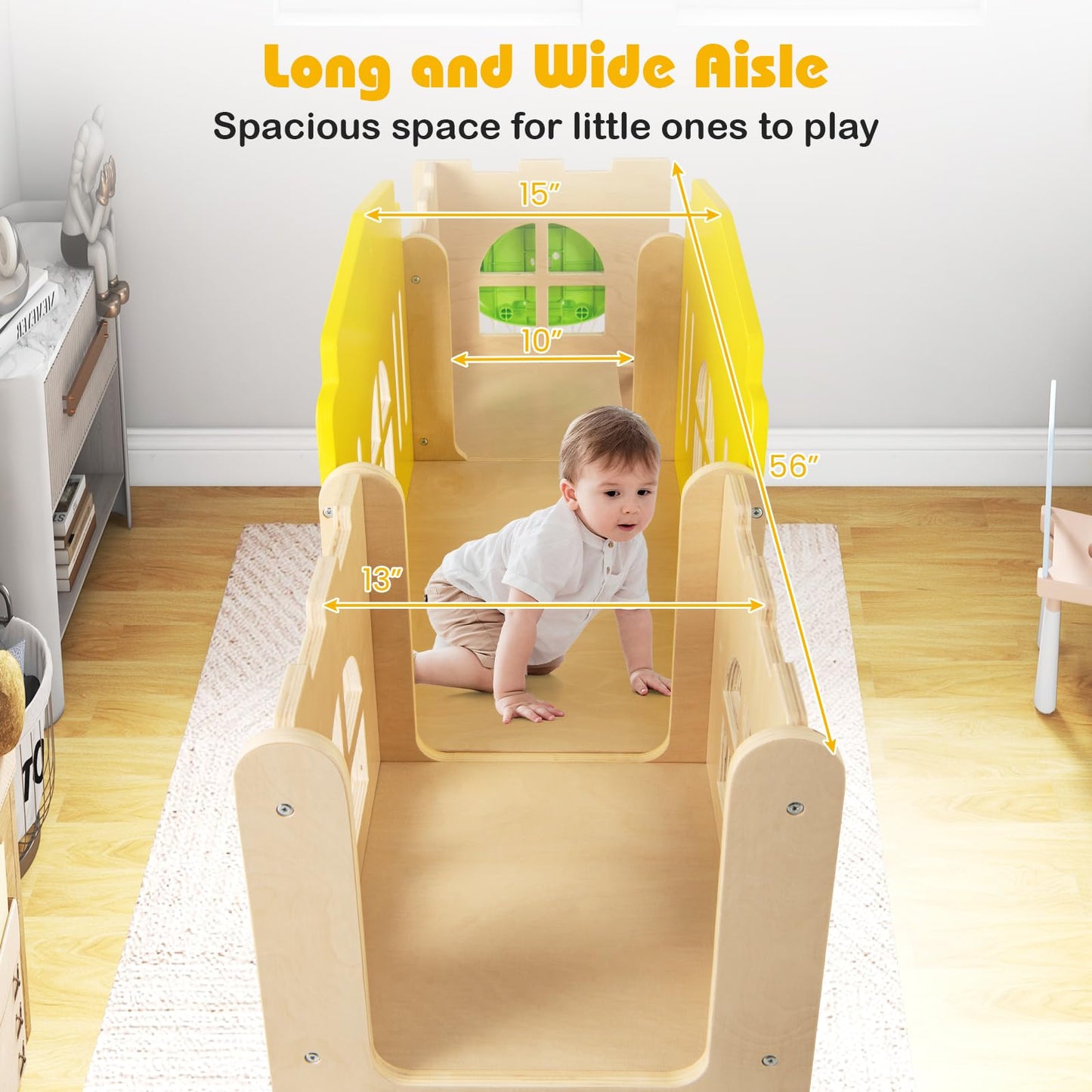 Costzon Wooden Toddler Slide, 7-in-1 Climber Playset with Slide, Basketball Hoop, Extra-Long Aisle, Peek-a-Boo Window, Crawling Tunnel & Storage Space, Indoor Outdoor Playground Slide for Kids