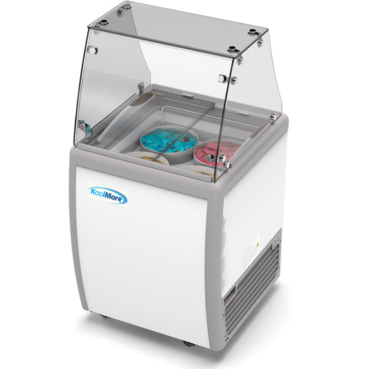 Koolmore 26 inch Commercial Ice Cream Dipping Cabinet Display Case, 4 Large Displayed Tubs, 2 Storing Tube, Sliding Glass Door, Rolling Wheels and Lockable Breaks [5.7 Cu. Ft.] (KM-ICD-26SD) White