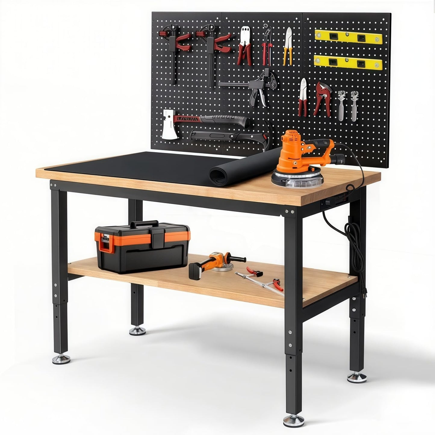 ENJOYWOOD 48" x 20" Heavy Duty Workbench Adjustable Height Garage Work Table with Solid Rubberwood Top, Double Layer Shelf, Pegboard & Power Outlets for Workshop, Home & Office