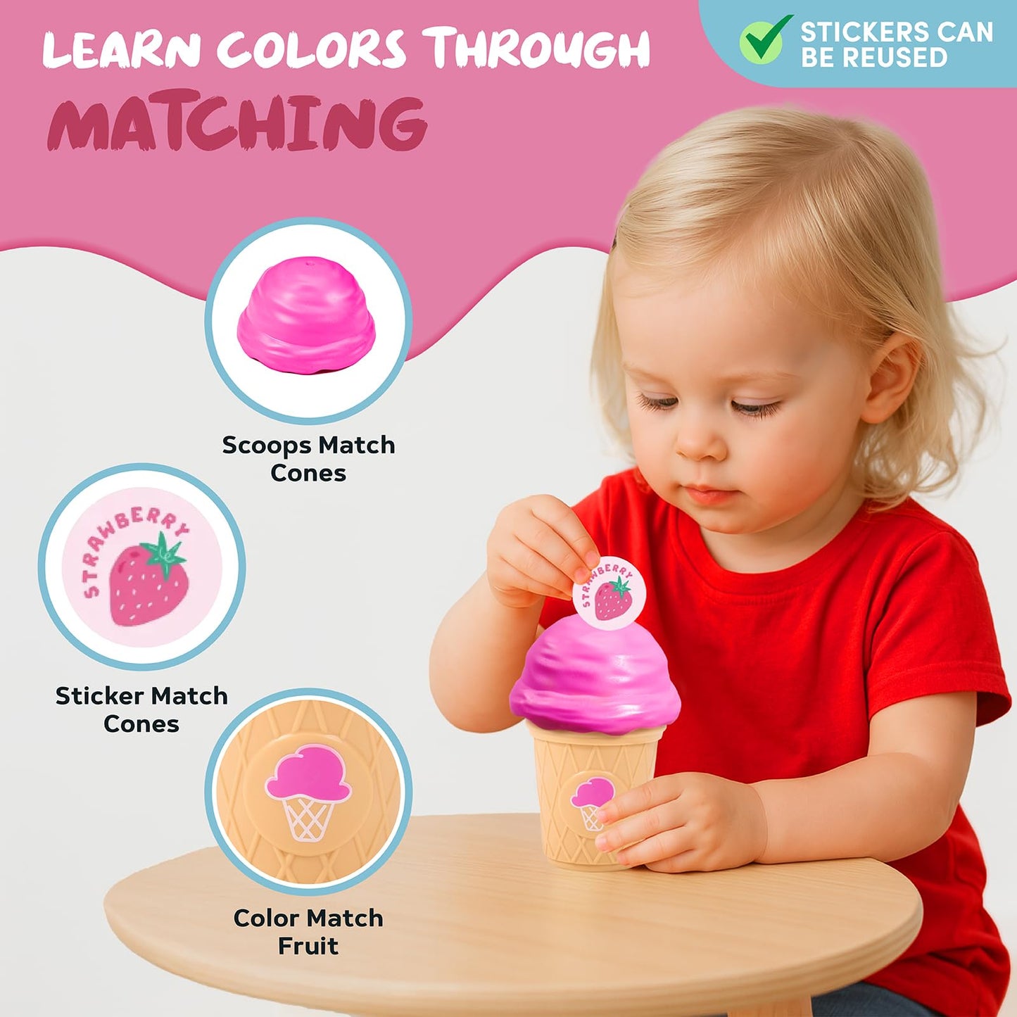 JOYCAT Ice Cream Toys, Color Recognition Stacking Play Set with 7 Matching Cones & Scoops, Pretend Play Food for Kids +Soft Baby Beehive with 5 Sensory Bees