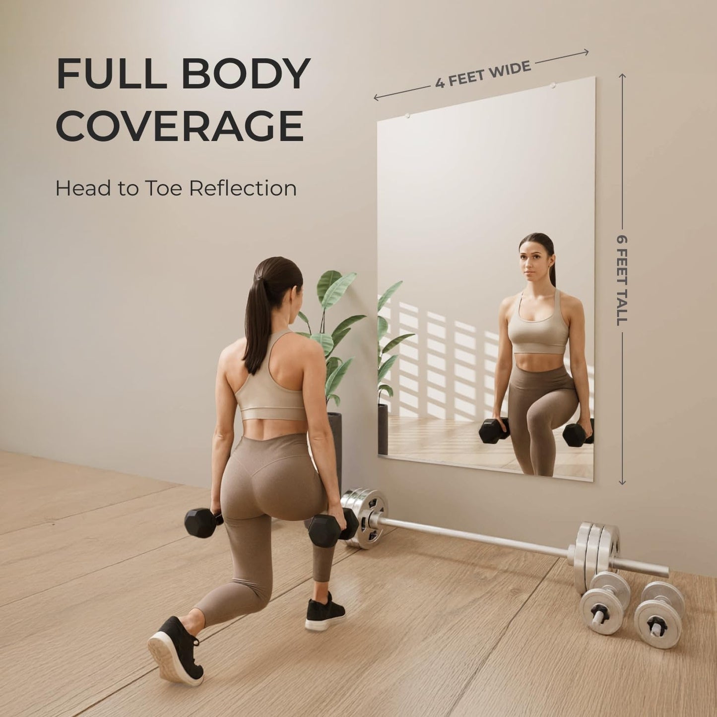 Fab Glass and Mirror Large Gym Mirror for Home Gym 48x32 - Full Length HD Tempered Glass Wall Panel - Professional Workout Display with Safety Backing - 1/4 Inch Commercial Grade